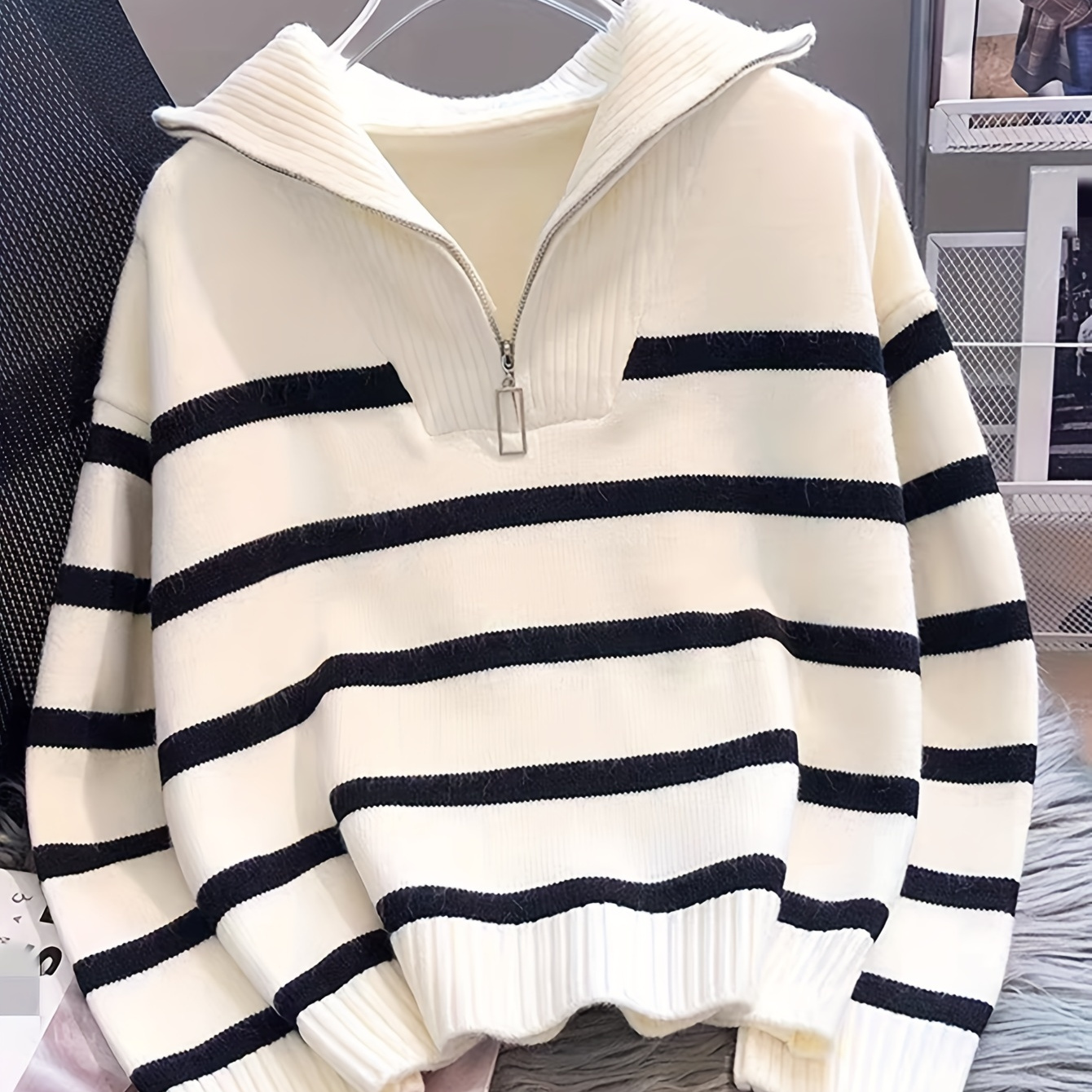 

Elegant Striped Zip-up Knit Sweater - Cozy Acrylic & Polyester , Fall/winter, Cozy Sweater