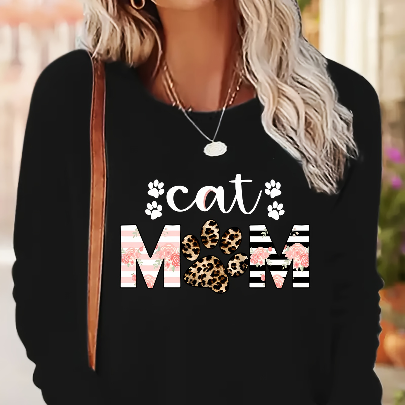 

Long Sleeve T-shirt For Women - Casual Polyester Knit Fabric With Alphabet Print And Paw Design, Round Neck,