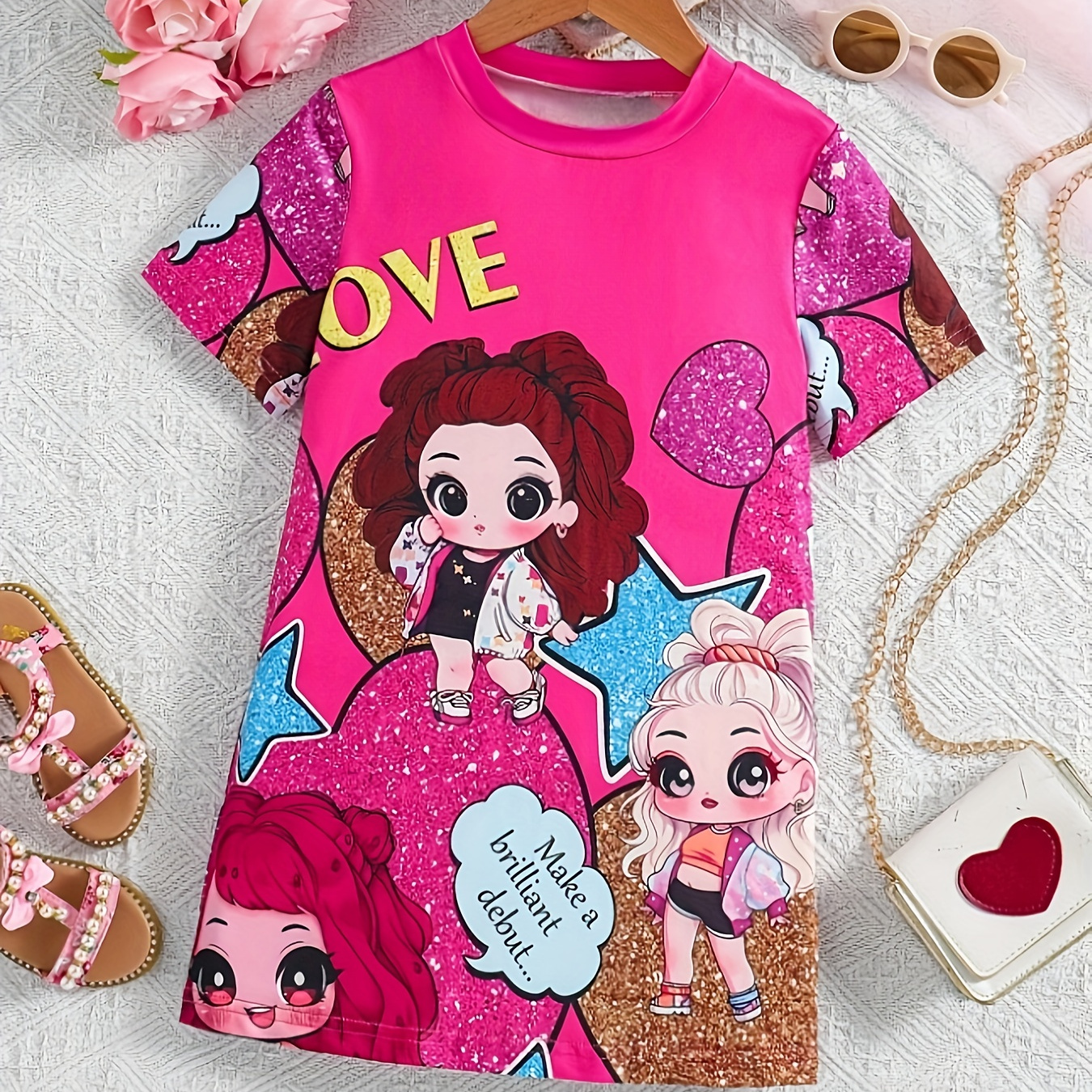 

Cute Dolls Cartoon Short Sleeve T-shirt Dress For Girls - Ideal For Summer & Casual Outings