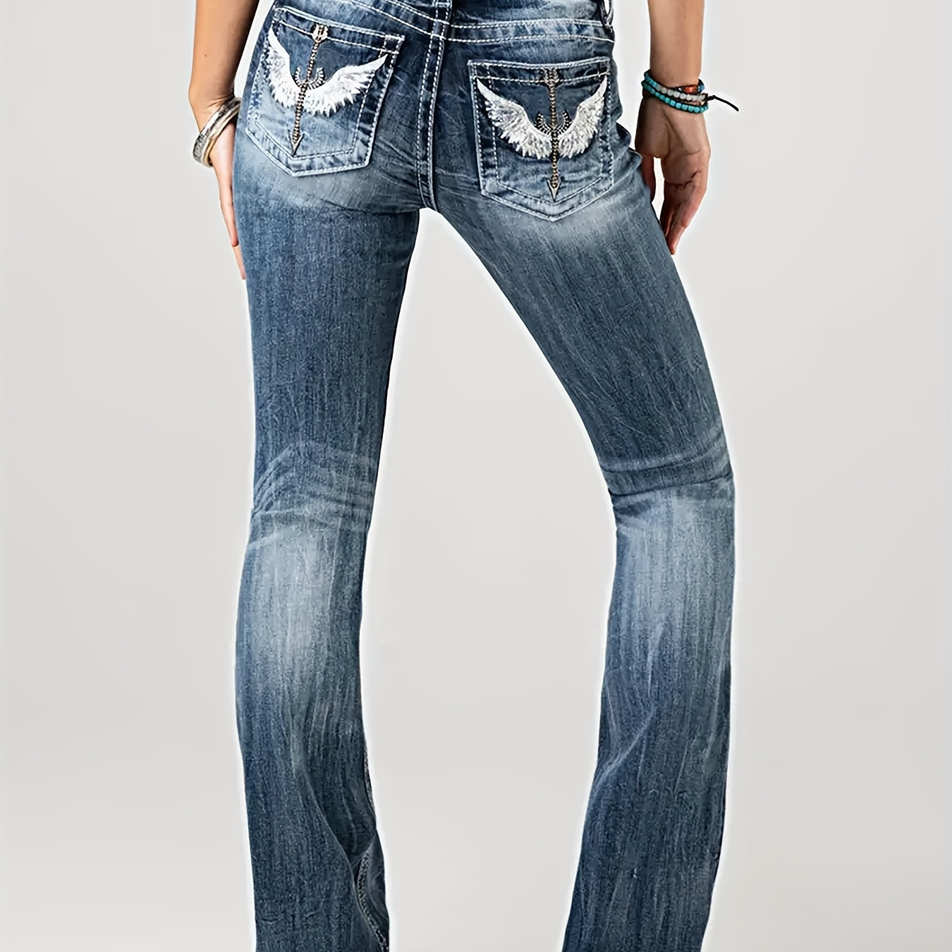

Wing Embroidered Washed Jeans, Butt Lifting High-stretch Distressed Casual Denim Pants, Women's Denim Jeans & Clothing