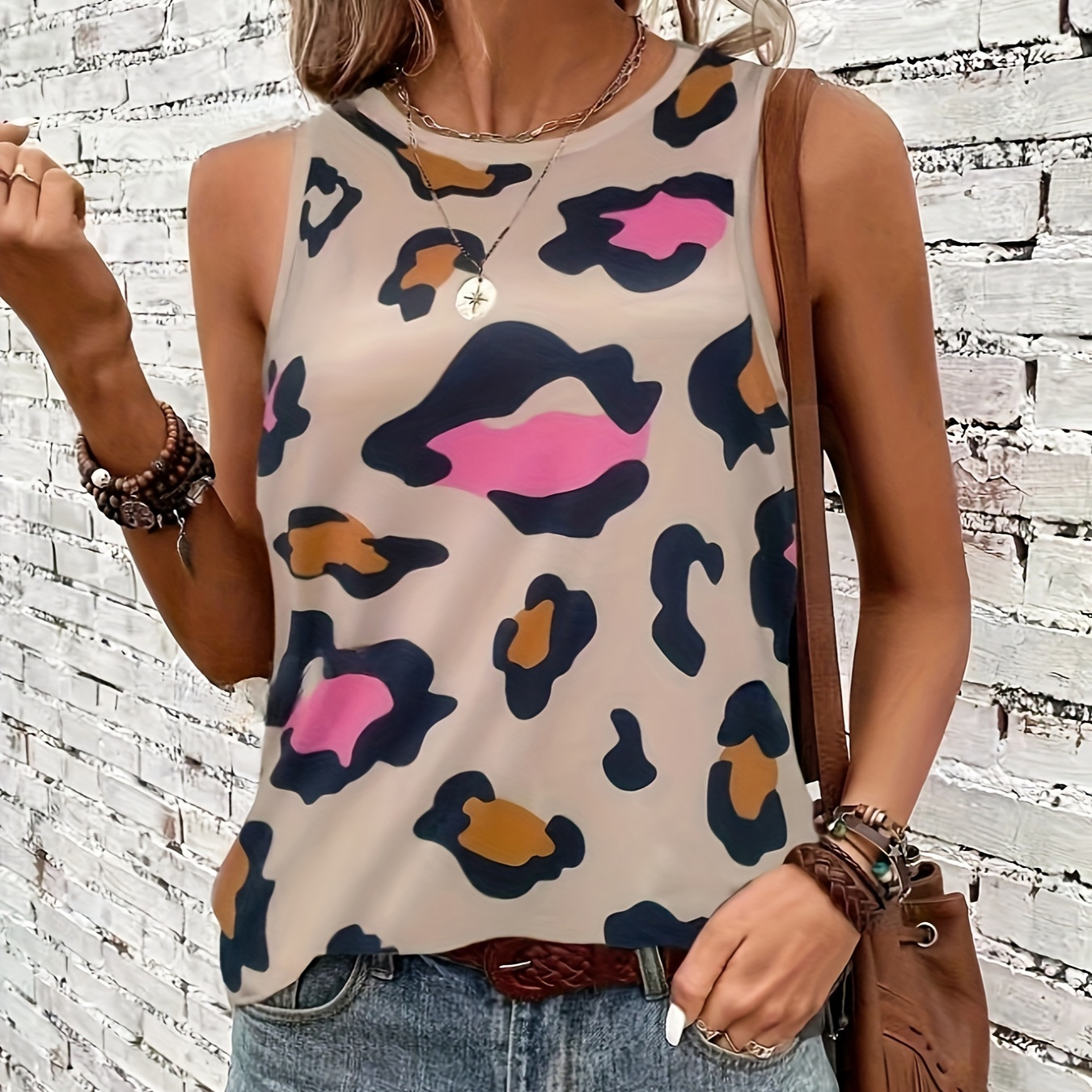 

Allover Print Crew Neck Tank Top, Casual Sleeveless Tank Top For Spring & Summer, Women's Clothing