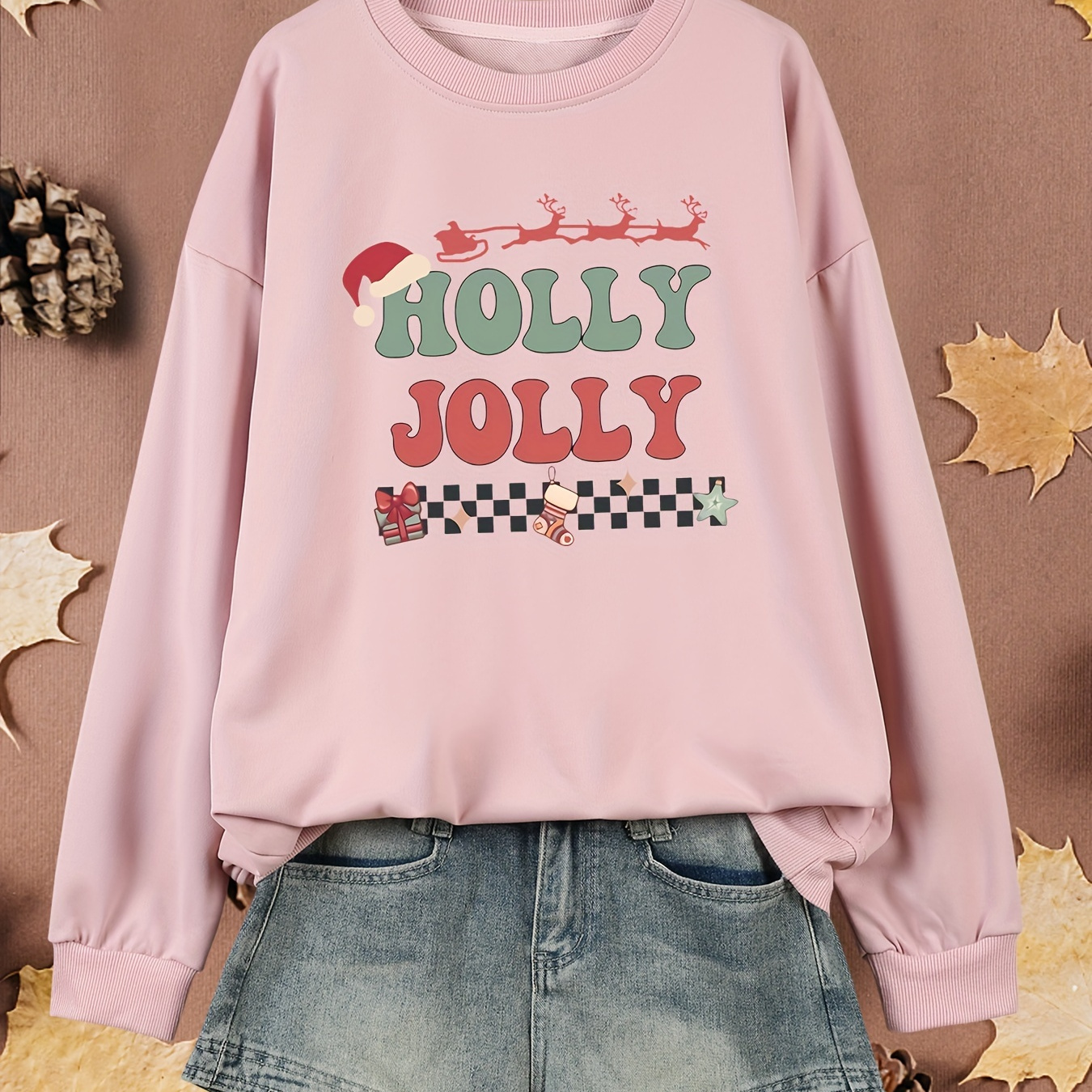 

Festive Holly Jolly Christmas Sweatshirt - Relaxed Fit, Long Sleeve, Polyester Fabric, Perfect For The Holidays