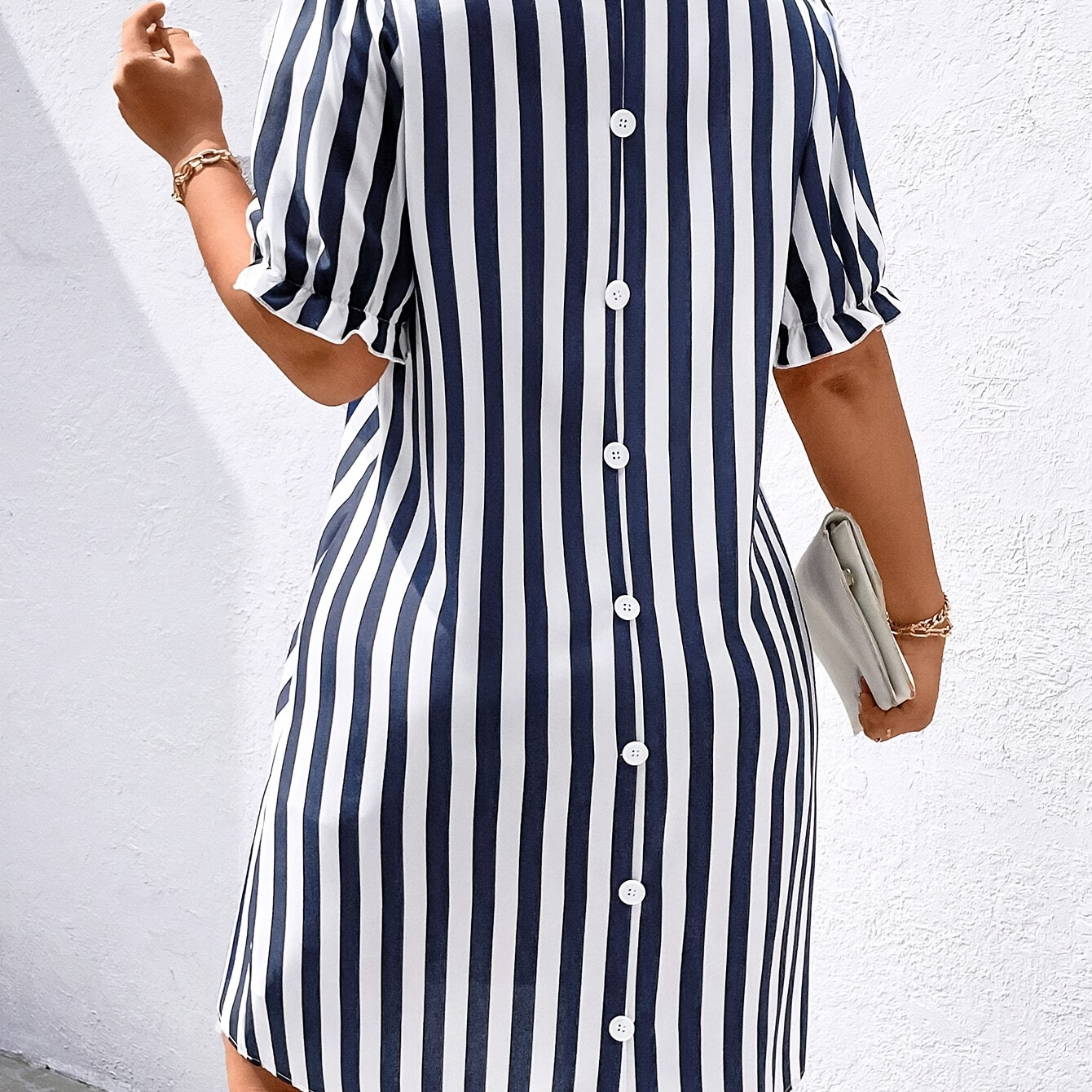 

Plus Size Elegant V-neck Striped Dress - Sleeve, Polyester And Elastane , Non-stretch, Twisted Hem Detail, Shirting Style Pullover With No Padding - Spring/summer/fall Collection