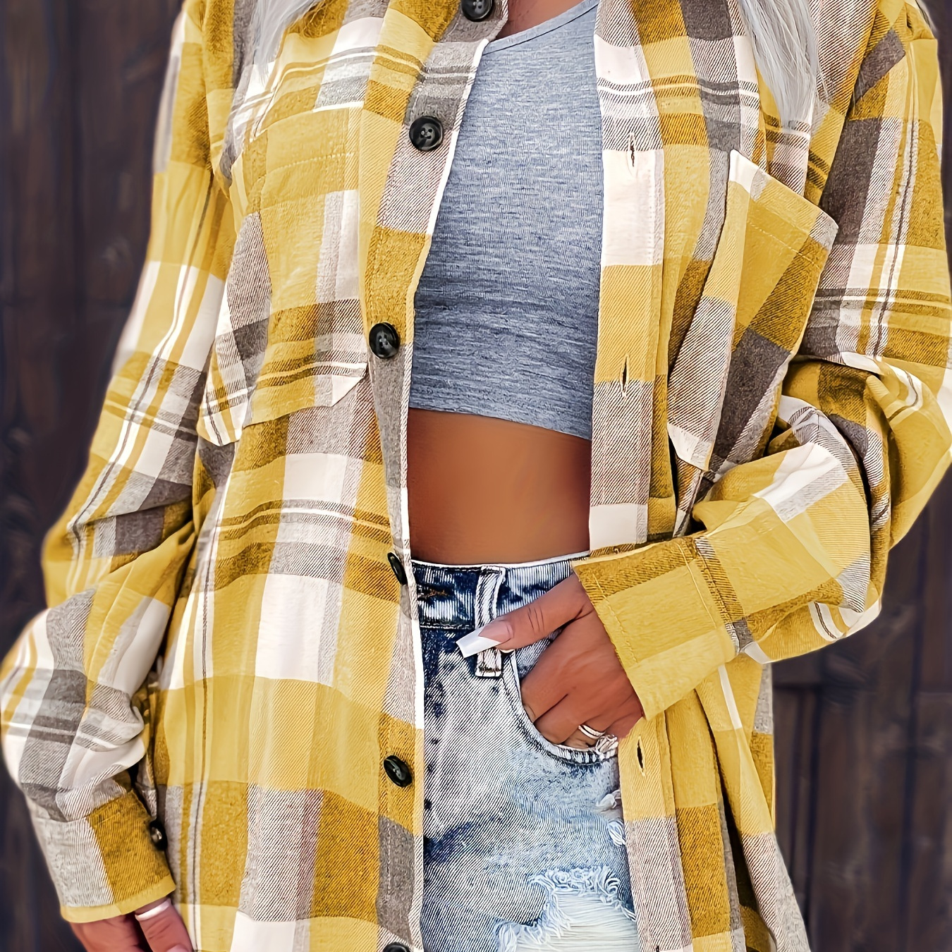 

Single Pocket Checkered Printed Shirt, Casual Button Long Sleeved Shirt For Spring And Autumn, Women's Clothing