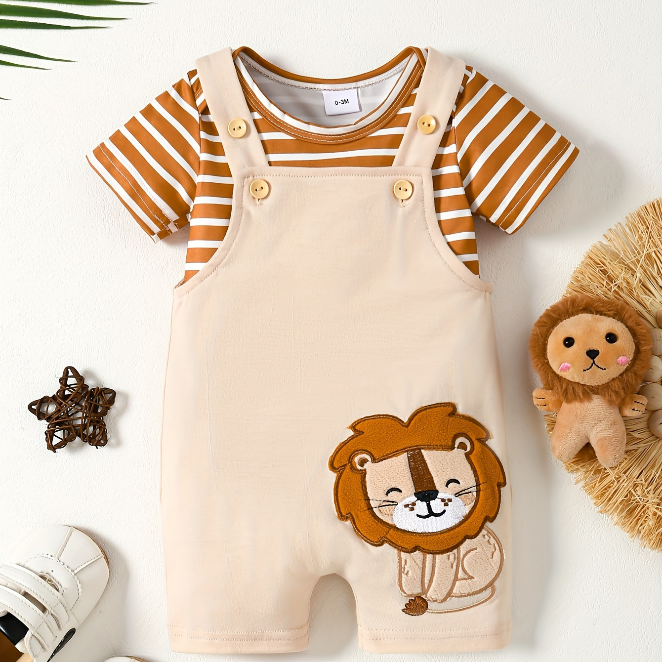 

2pcs Baby Girls Boys Summer Outfit Set, Newborn Striped Short Sleeve Romper With Shoulder Snaps, Cute Lion Embroidery Adjustable Overalls, Cute Style