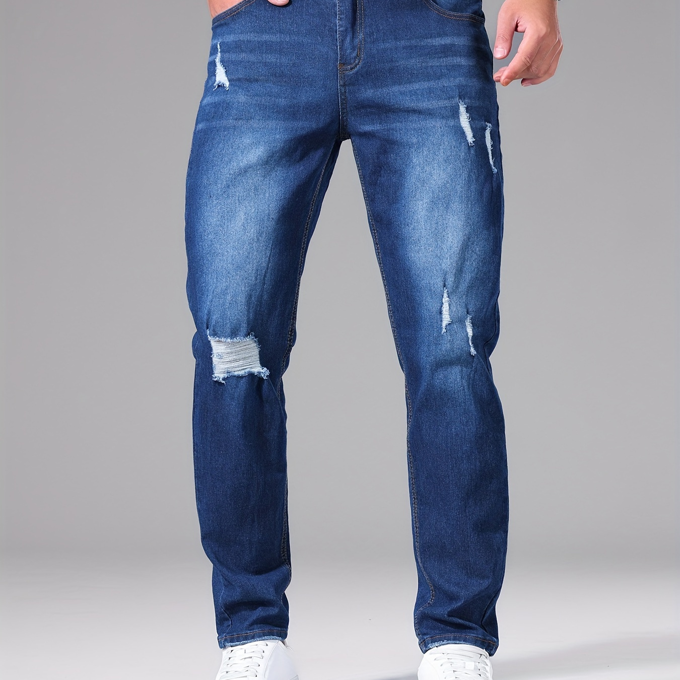 

Jean En Mélange De Coton À Design Déchiré, Pantalon En Denim Droit De Style Streetwear Décontracté Pour Hommes, Pantalon Slim Droit Pour Hommes