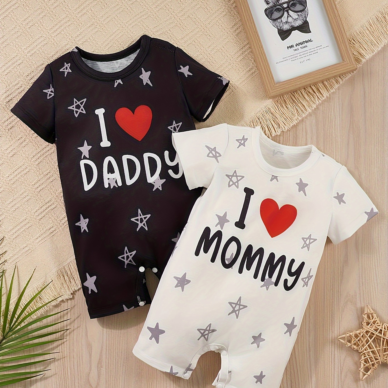 

2pcs Baby Boys "i Love Daddy" & "i Love Mommy" Print Bodysuit, Casual Short Sleeve Romper, Baby Boy's Clothing