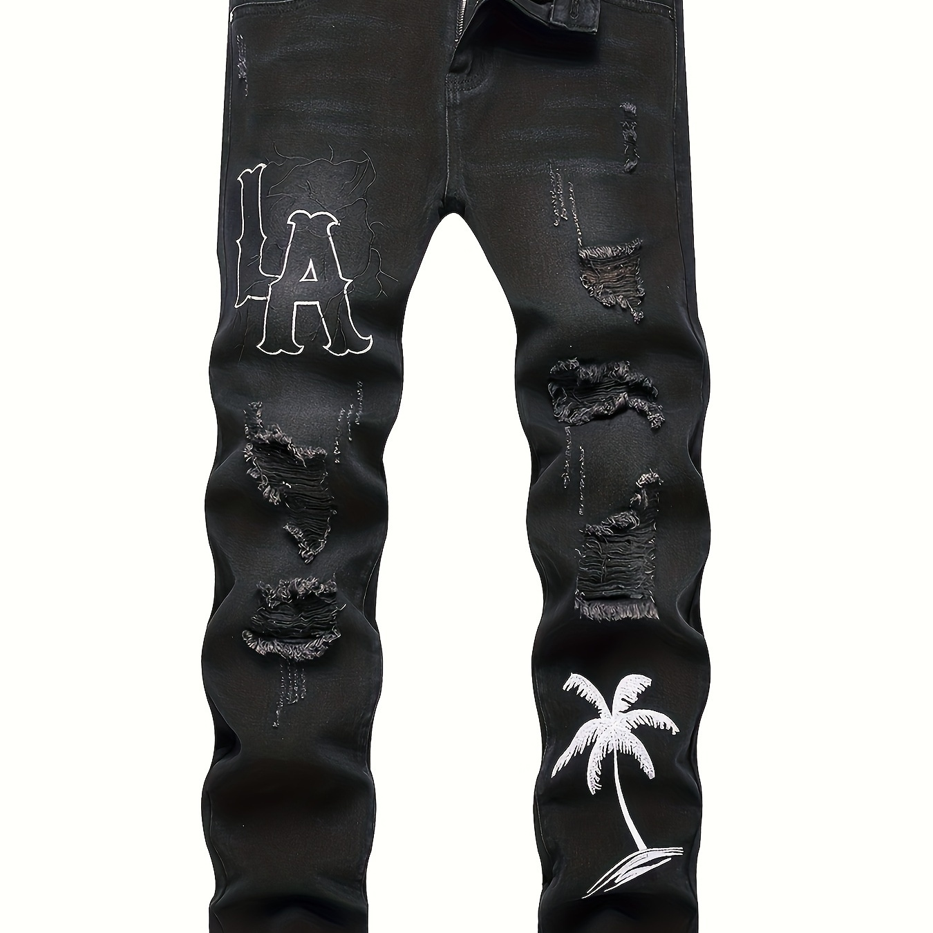 

Men's Slim Fit La & Palm Tree Embroidered Ripped Skinny Jeans - Distressed With White Stitching, Comfortable & Stylish For All , Casual