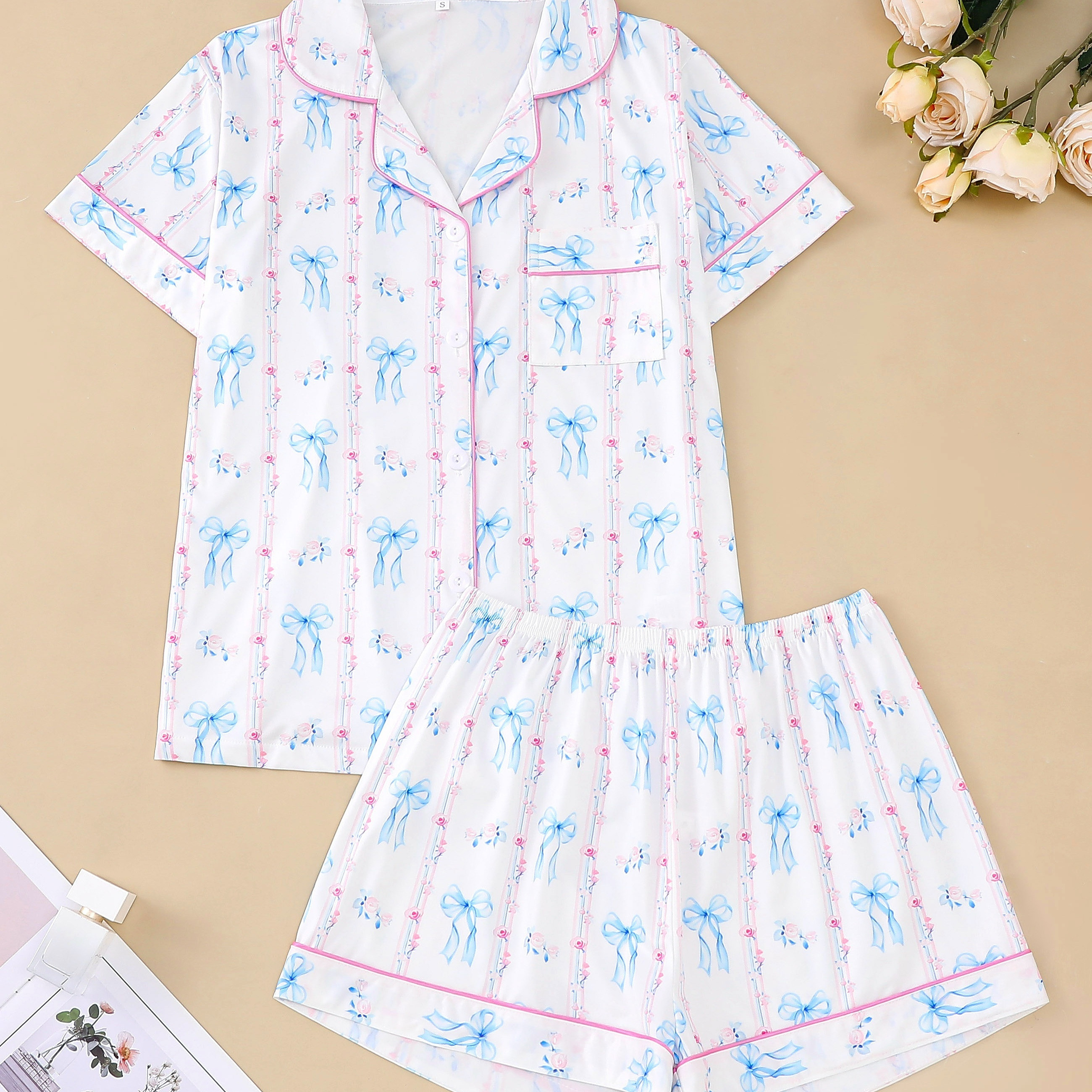 

Women's Print Pajama Set - Casual Polyester Knit Fabric With Elastane, Short Sleeve Lapel Collar Button-up Shirt & Waist Shorts, Sleepwear And Loungewear
