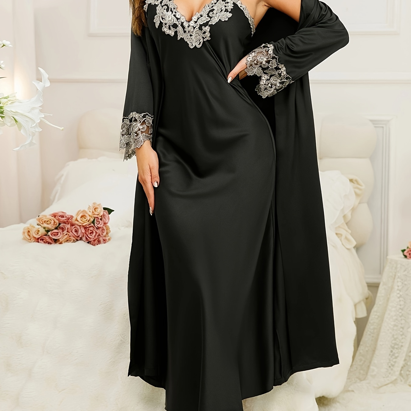 

Elegant Solid Applique Pajama Set, V Neck Midi Slip Dress & Long Sleeve Belted Robe, Women's Sleepwear & Loungewear