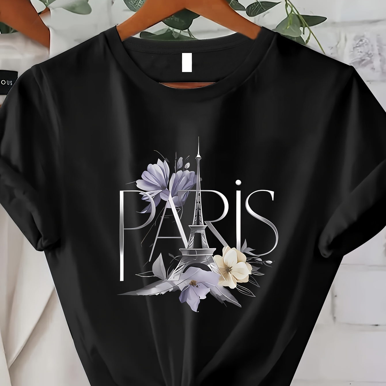 

Paris Print Crew Neck T-shirt, Short Sleeve Casual Top For Summer & Spring, Women's Clothing