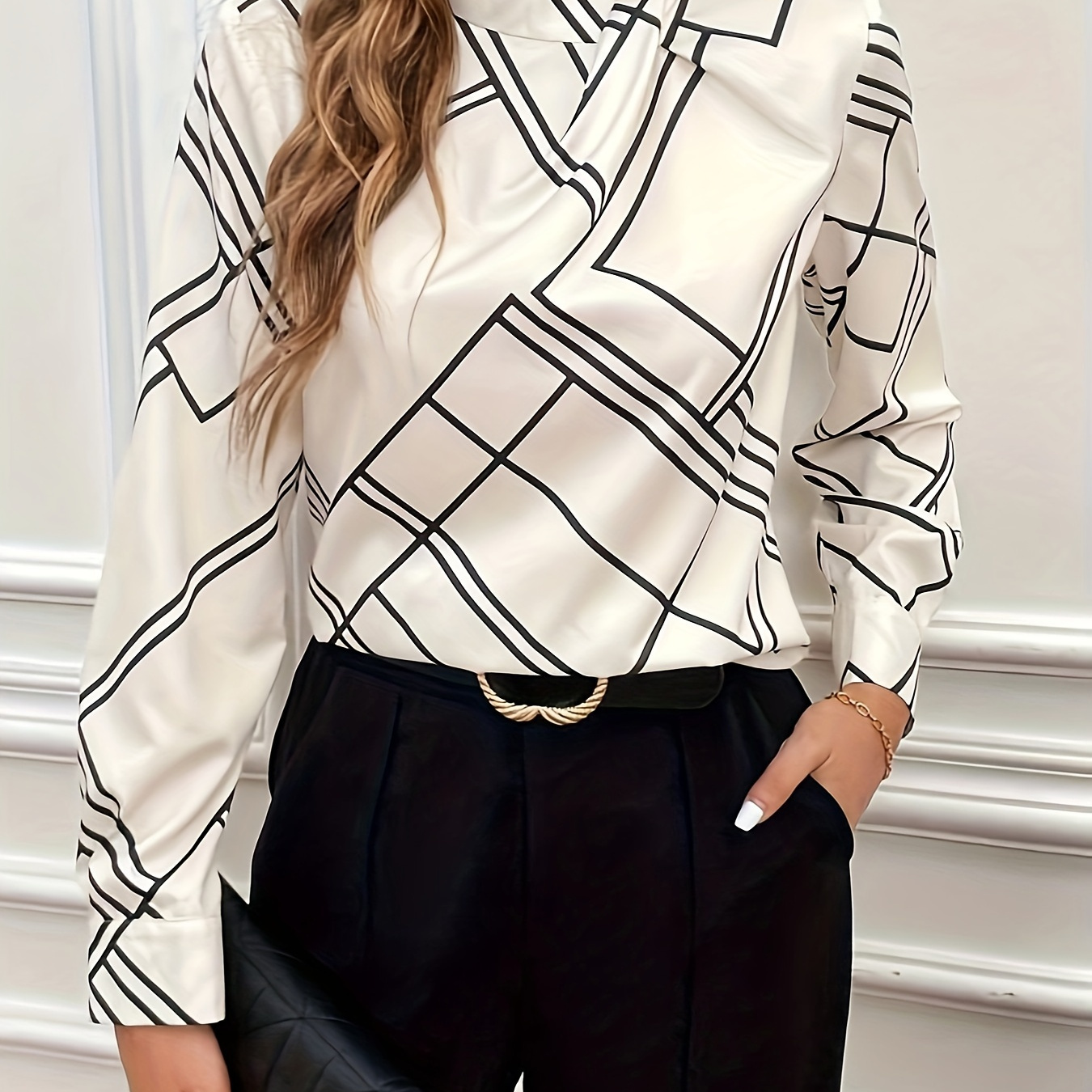 

Geo Print Mock Neck Blouse, Elegant Long Sleeve Blouse For Spring & Fall, Women's Clothing