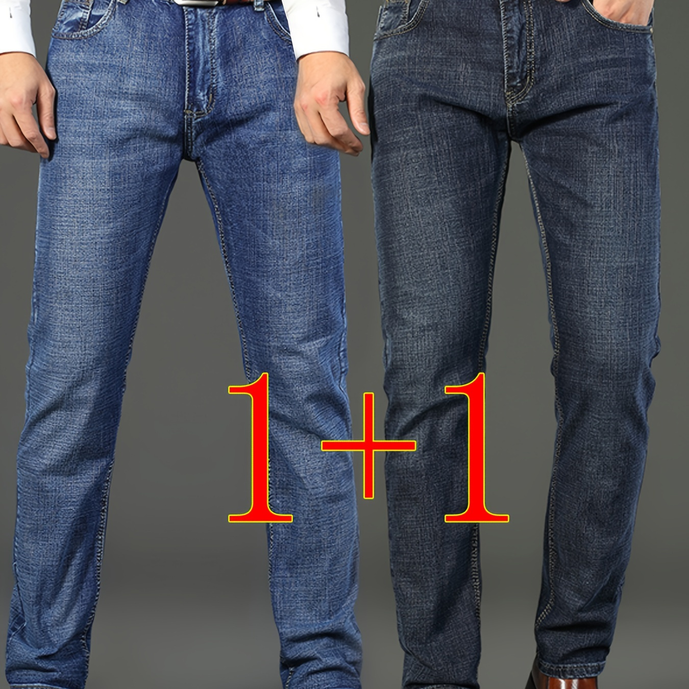 

Men's Denim Jeans Set Of 2 - Solid Color, Casual Stretch Denim Pants With Zipper Closure, Mid-rise Waist, Business Wear For Adults