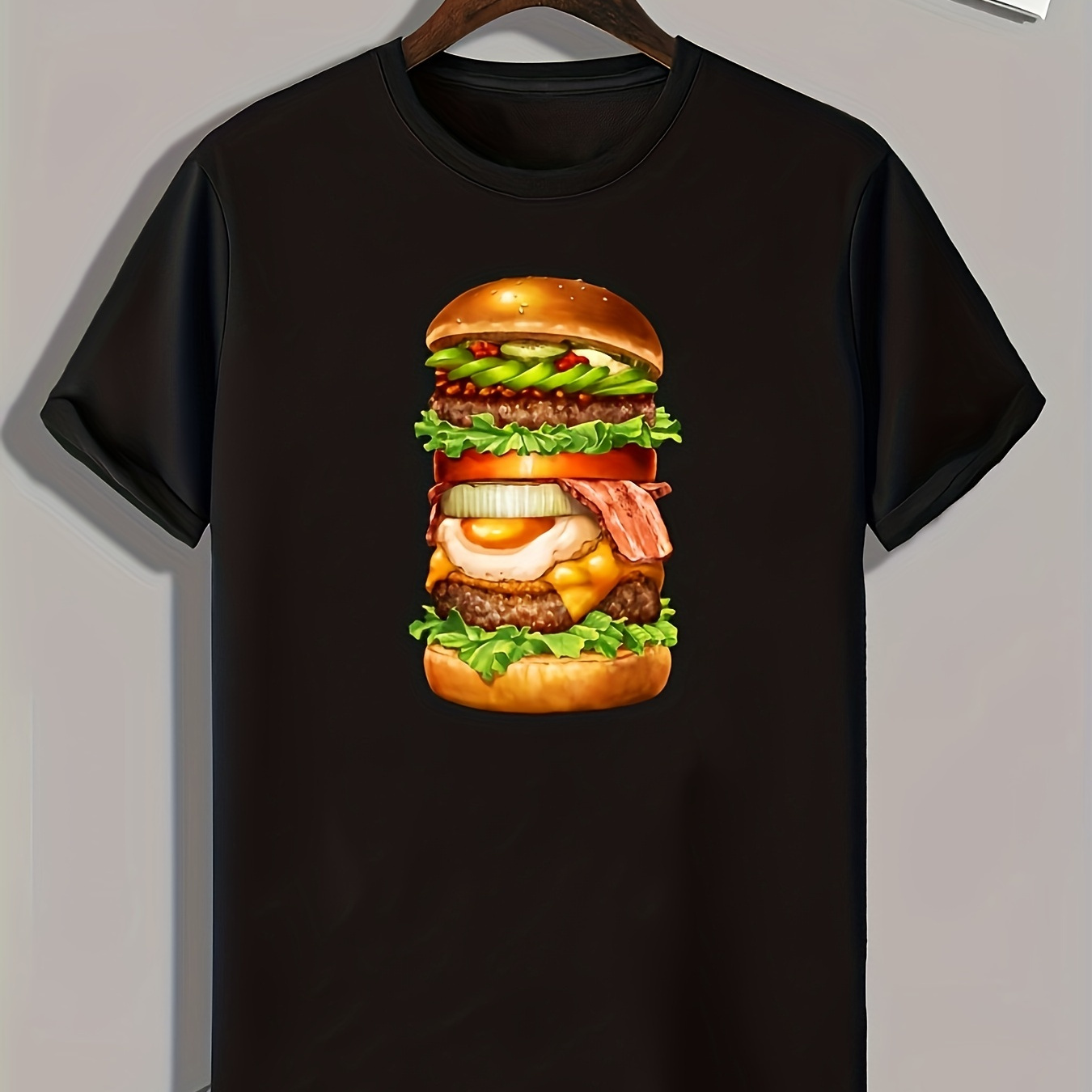 

Hamburger Print, Men's Graphic T-shirt, Casual Comfy Tees For Summer, Mens Clothing