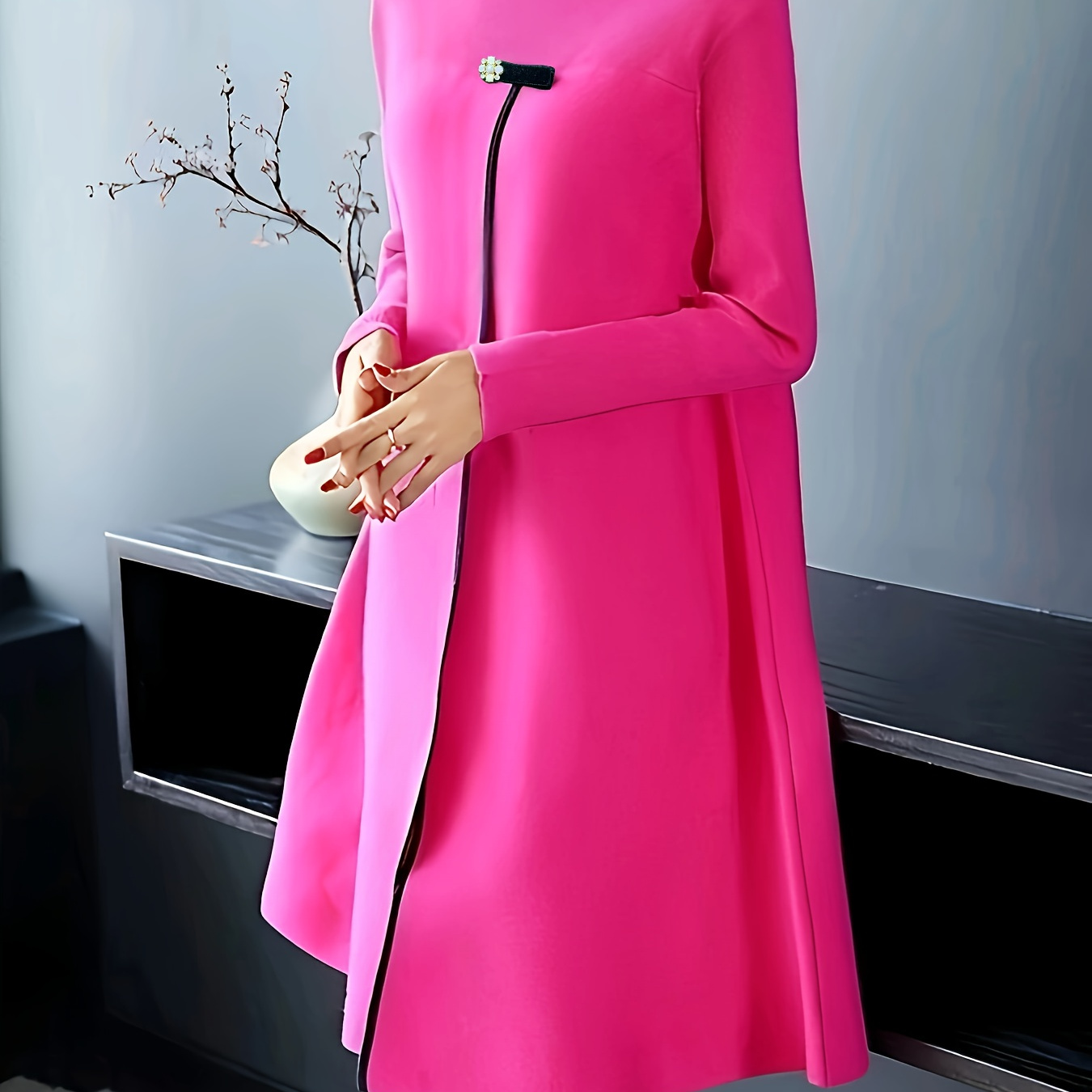 

1pc Elegant Viscose Knee-high Sweater Dress - Loose Fit Stand Collar Long Sleeve Knit Dress For Women, Fall/winter Solid