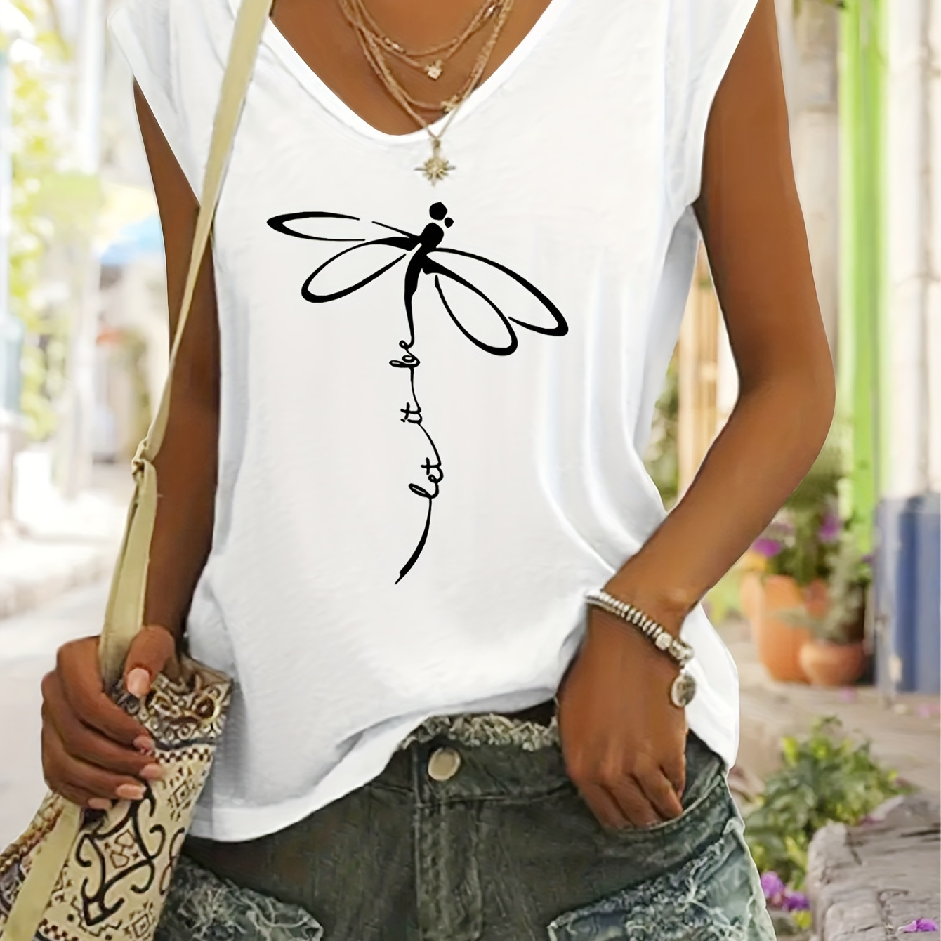 

Dragonfly Print Cap Sleeve T-shirt, Casual V Neck T-shirt For Spring & Summer, Women's Clothing