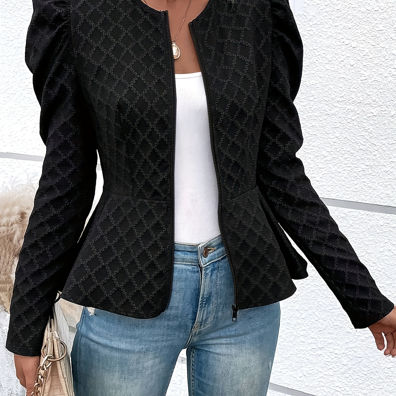 

Argyle Texture Zip-up Jacket, Elegant Leg Of Mutton Sleeve Peplum Coat For Spring & Fall, Women's Clothing