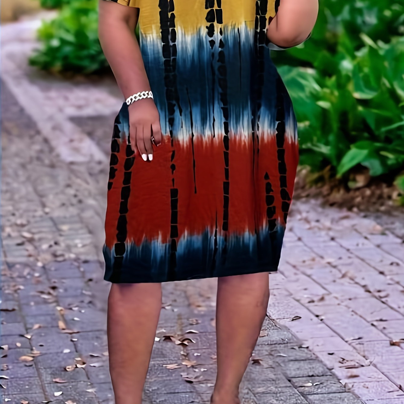 

Color Block Tie Dye Dress, Casual V Neck Short Sleeve Knee Length Dress, Women's Clothing