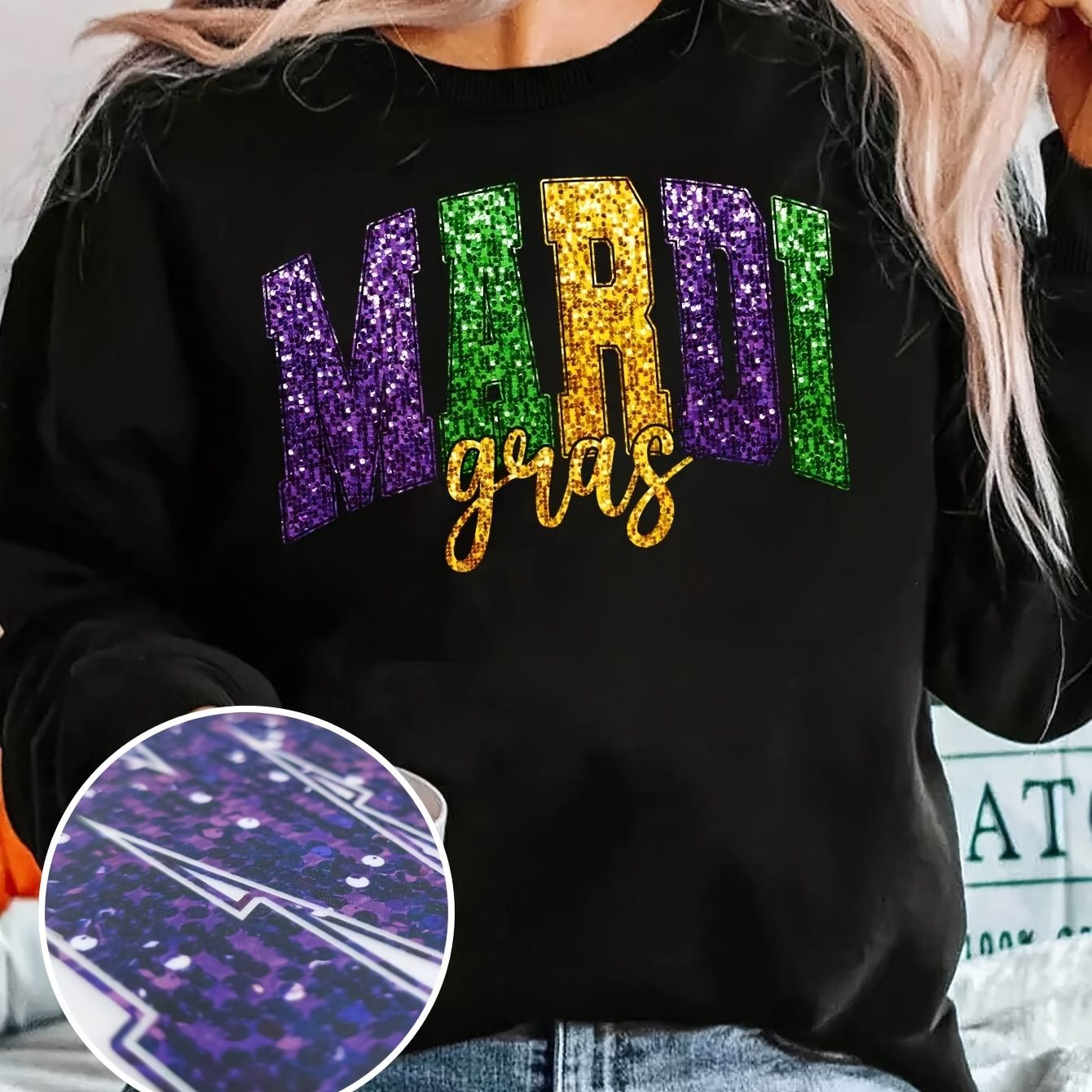 

Mardi Gras Sequin Alphabet Print Plus Size Casual Sweatshirt, Crew Neck, Polyester Knit Pullover With Slight Stretch, For Women, Fall/