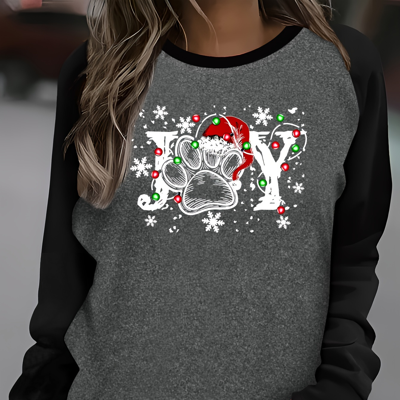 

Women's Casual Crew Neck Raglan Long Sleeve T-shirt With Joy Applique - Polyester Blend Knit Fabric, Alphabets Print, Regular Fit For All Seasons