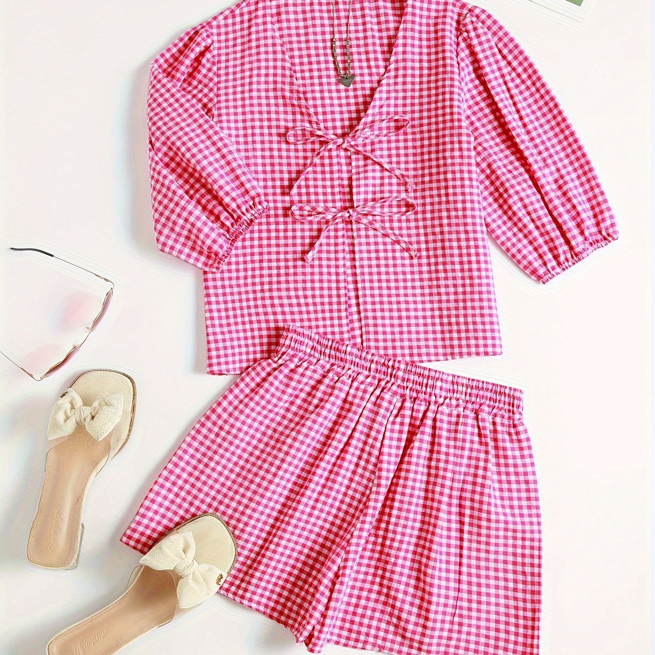 

Chic Gingham Women's Casual Set - Tie-front Lantern Sleeve Top & Loose Drawstring Shorts, Polyester, Machine Washable