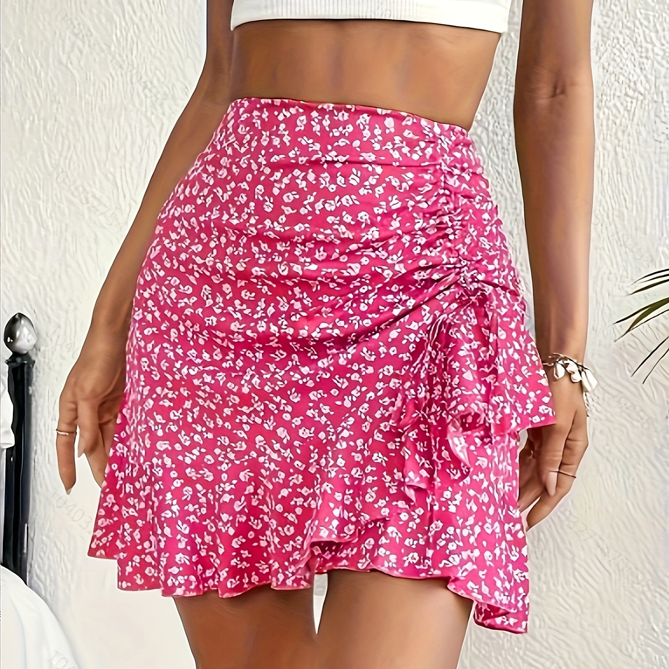 

Floral Print Wrap Tied Skirt, Casual High Waist Ruffle Hem Skirt For Spring & Summer, Women's Clothing