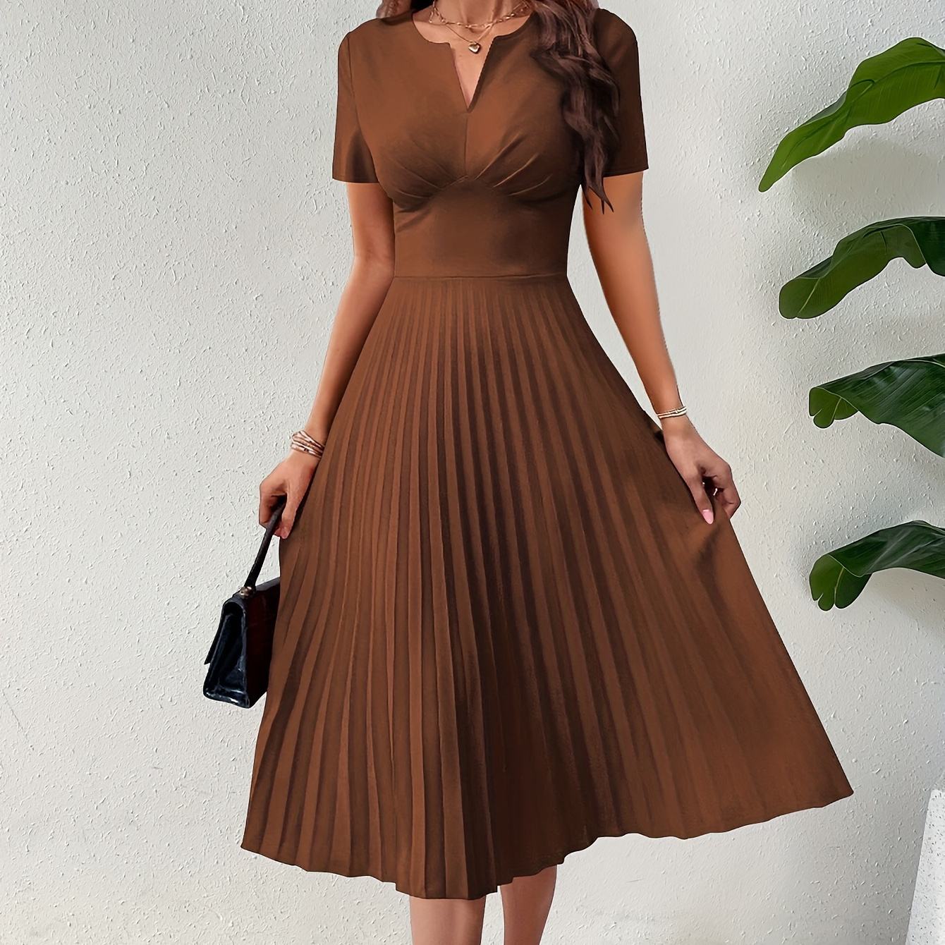 

Solid Notch Neck Pleated Dress, Elegant Short Sleeve Waist Dress, Women's Clothing For Elegant Dressing