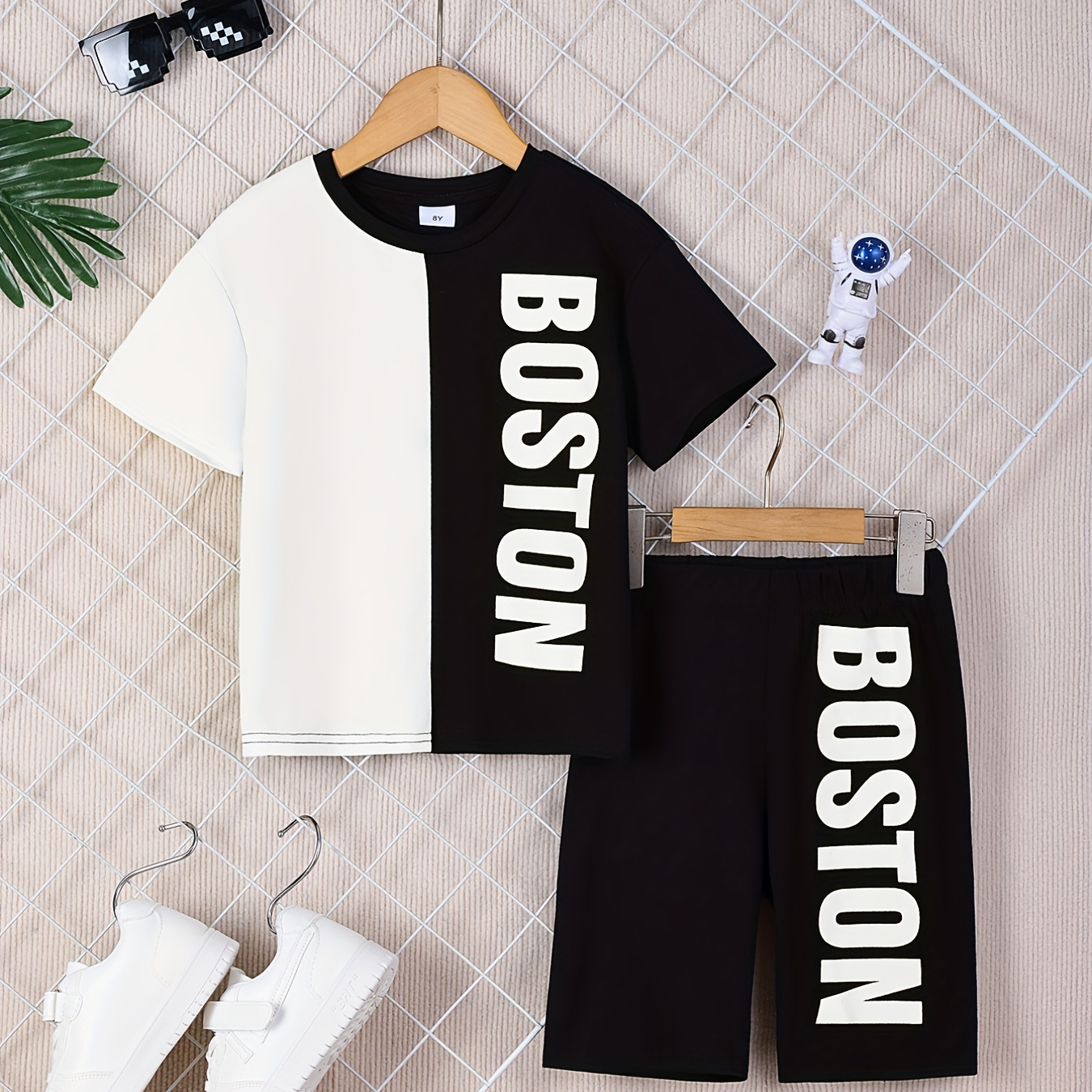 

Boy's Boston Print Outfit 2pcs, T-shirt & Shorts Set, Kid's Clothes For Summer