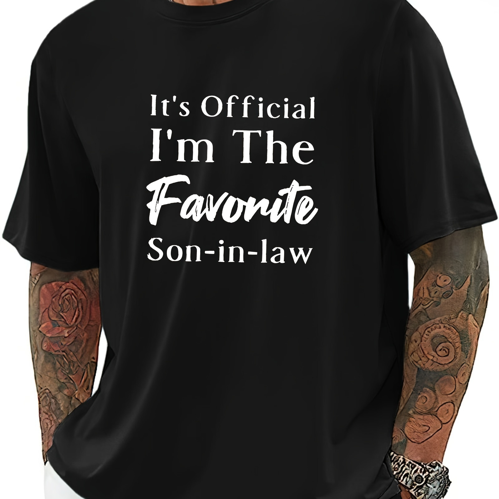 

Favorite Son-in-law Letter Print Men's Crew Neck Short Sleeve Tees, Summer Trendy T-shirt, Casual Comfortable Versatile Top For Outdoor Sports & Leisure Vacation