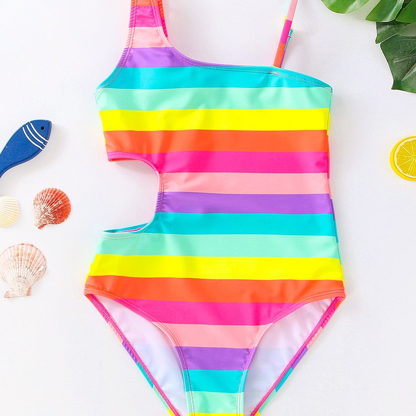 Toddler Girls Rainbow Color Striped Asymmetrical Neck Cut Out One Piece Swimsuit Kids Summer Beach Clothes Bathing Suits