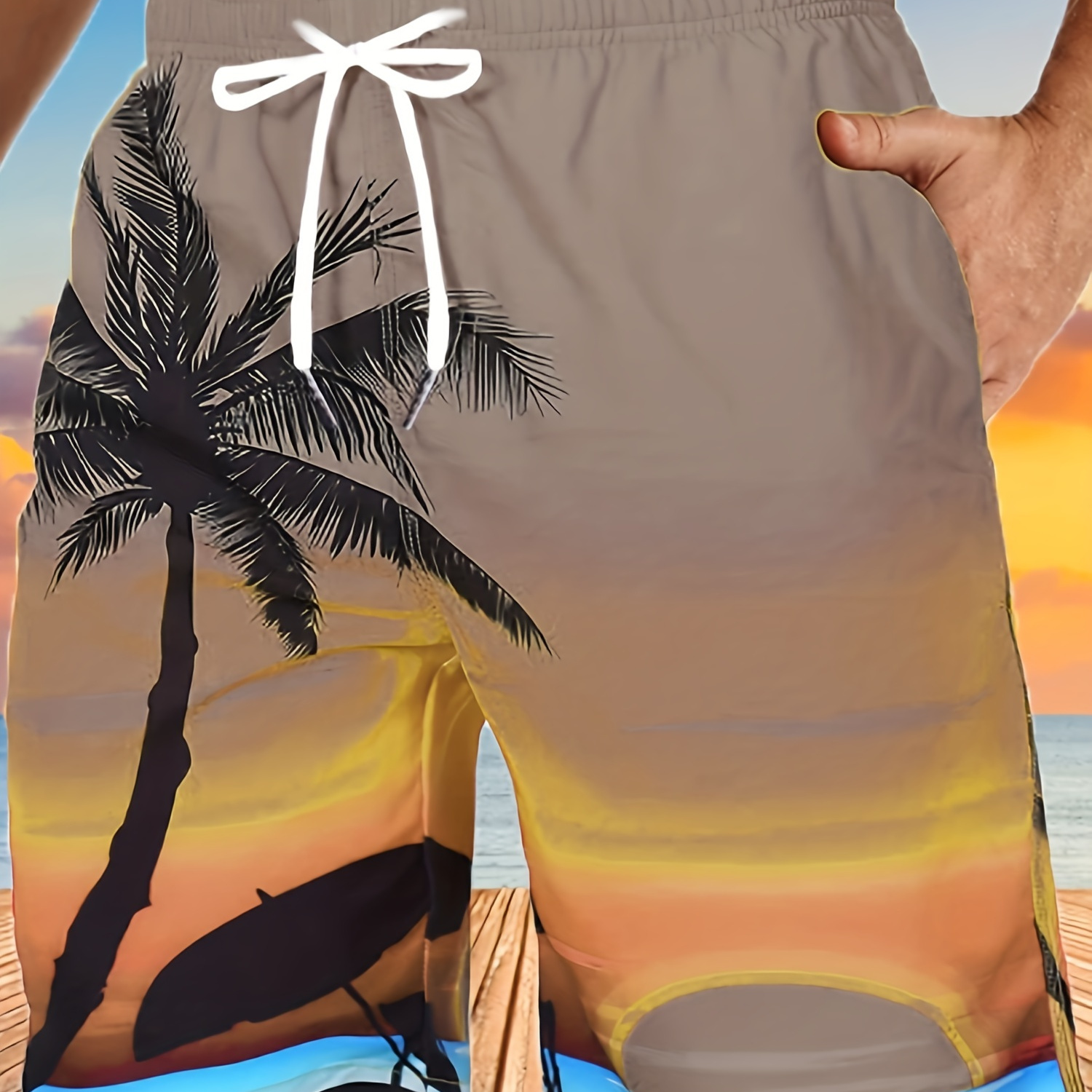 

Sunset Print Beach Shorts, Quick-drying Drawstring Swim Trunks, Swim Shorts For Summer Beach Pool, Men's Swimwear Plus Size