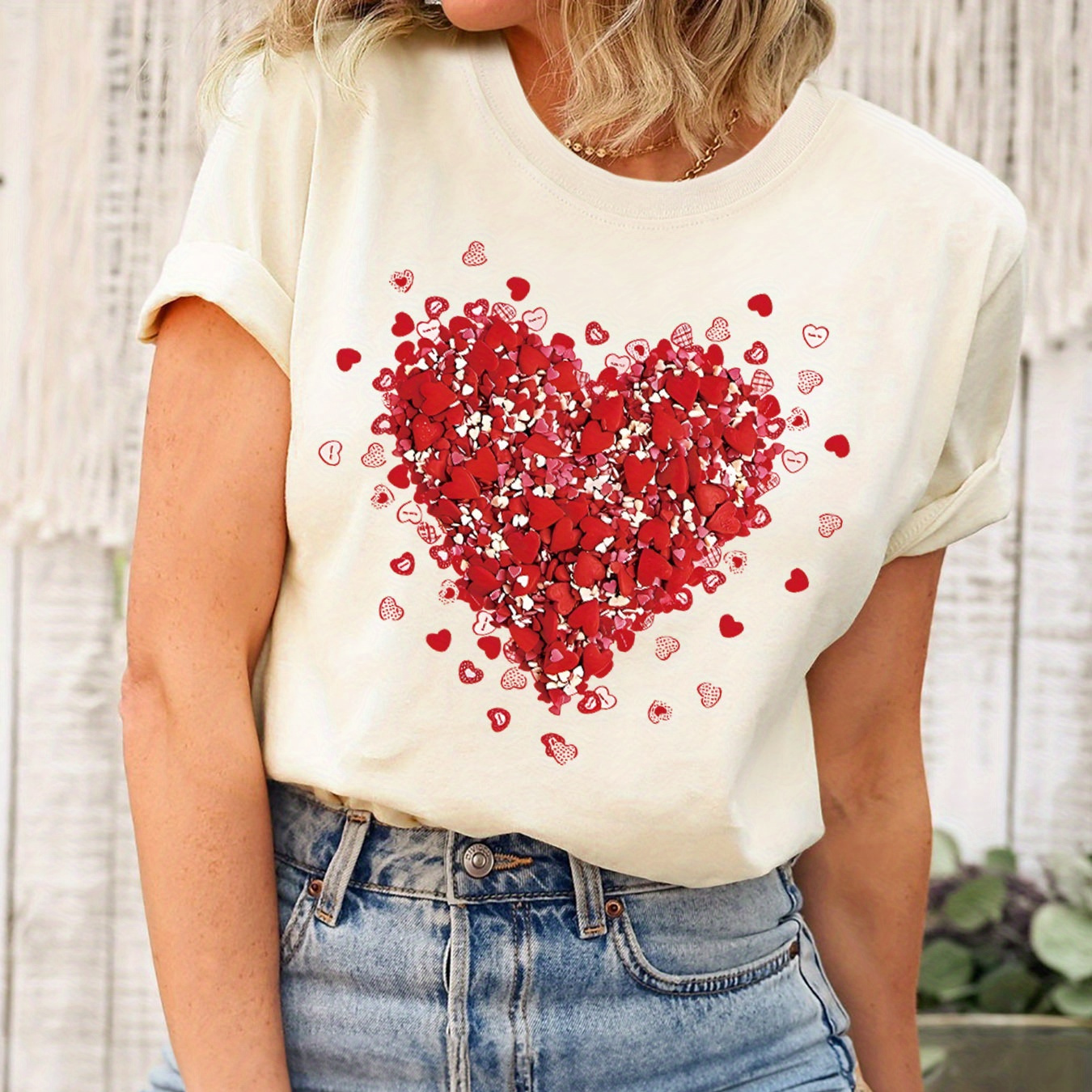 

T-shirt imprimé cœur, haut décontracté à manches courtes et col rond pour l'été et le printemps, vêtements pour femmes