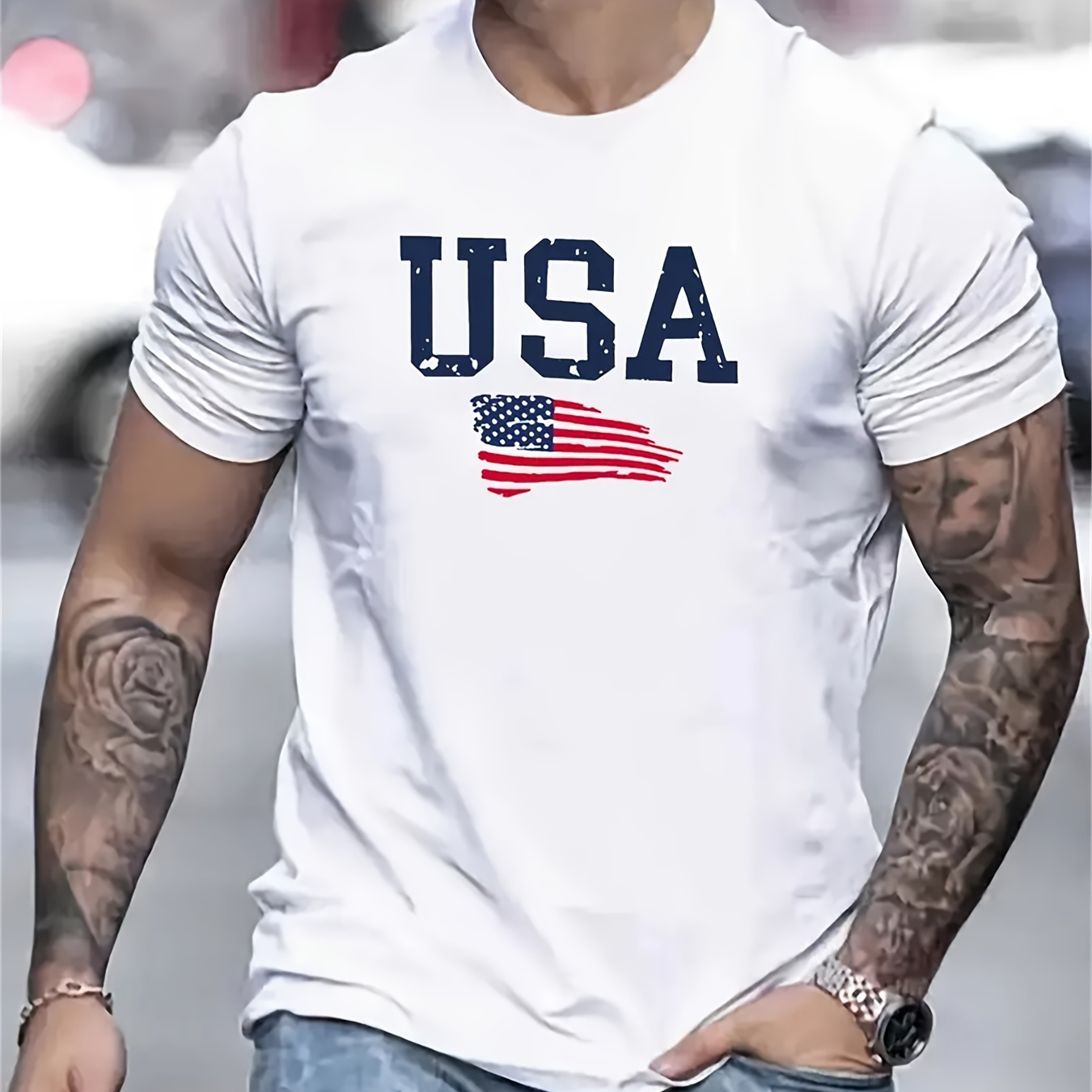 

Usa" Flag Creative Print Stylish T-shirt For Men, Crew Neck Short Sleeve, Casual Tee, Versatile Top For Spring And Summer, Trendy Streetwear Fashion