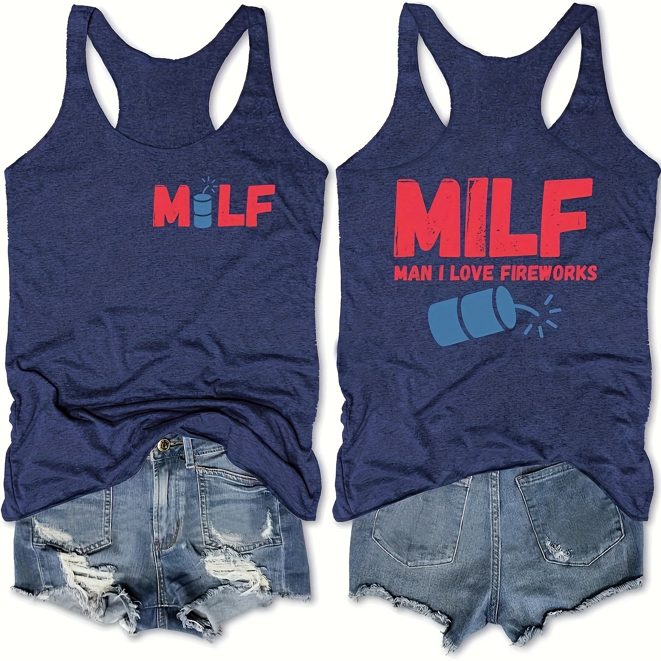 

Letter & Fireworks Print Crew Neck Tank Top, Casual Sleeveless Top For Spring & Summer, Women's Clothing