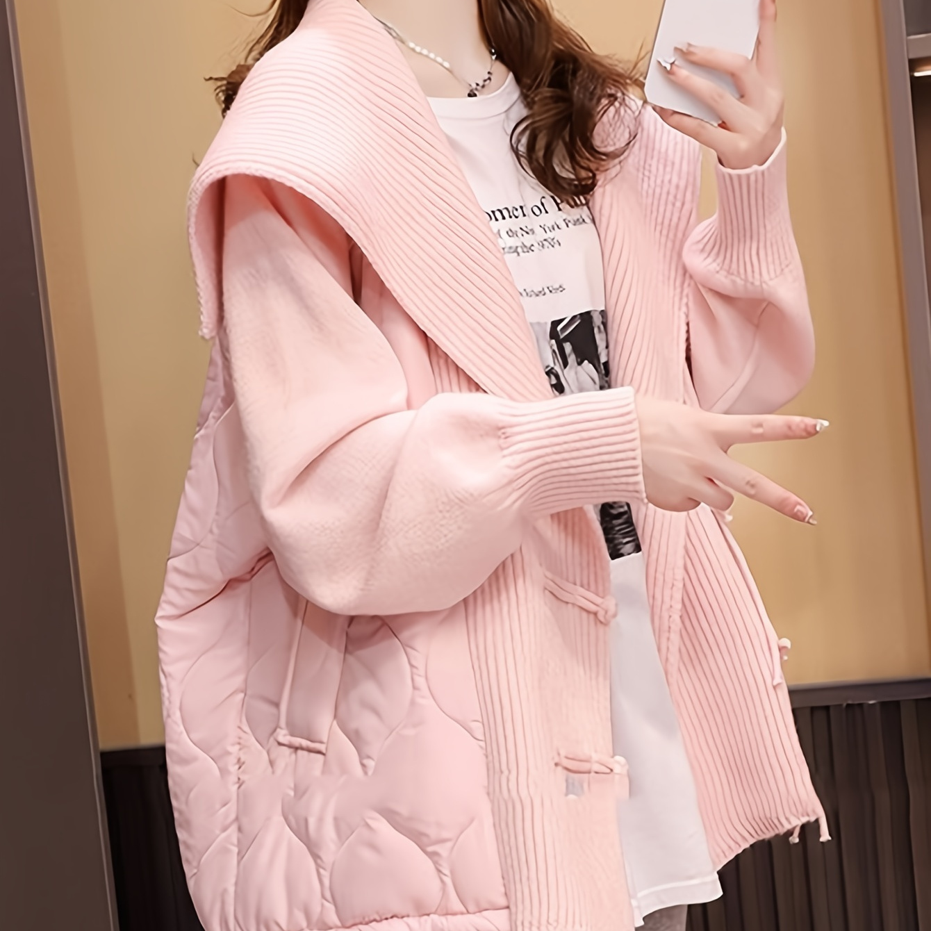 

Women's Fashionable Knit Cardigan With Quilted Padding – Acrylic Asian Style Halter Neck Sweater For Fall/winter – Solid Color Open Front Outerwear