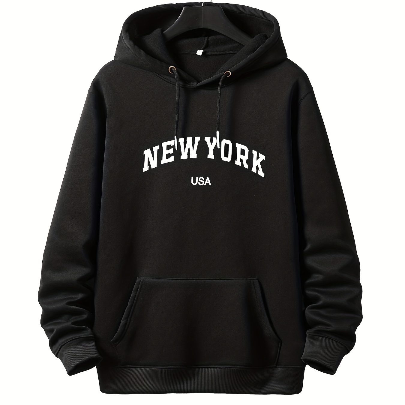 

Plus Size Casual Sweatshirt, Men's Plus New York Print Long Sleeve Drawstring Hoodie Sweatshirt