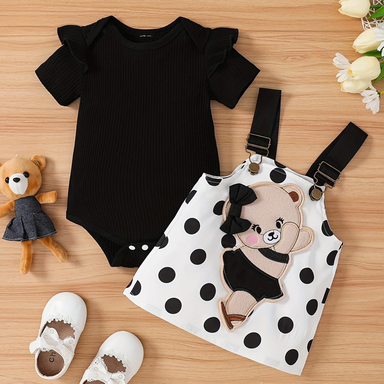

Cute & Stylish Baby Girls Outfit - Flutter Sleeve Onesie Romper & Polka Dot Bear Embroidery Suspender Dress Set
