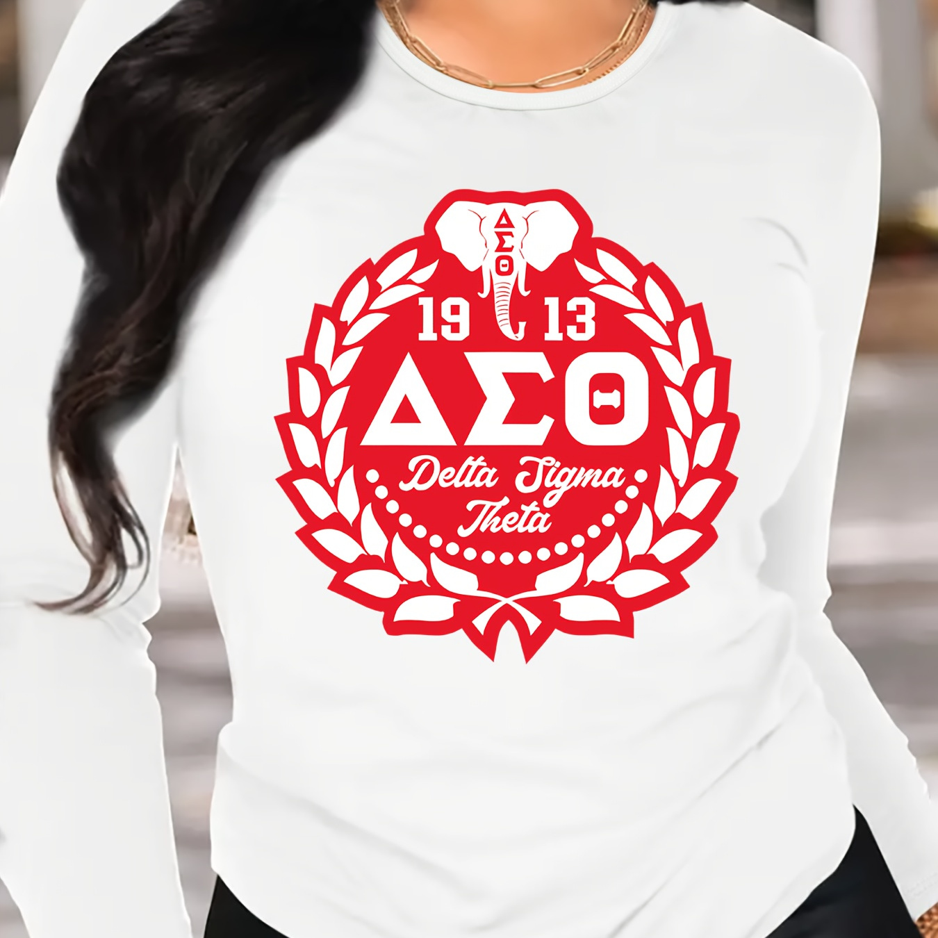 

Women's Casual Crew Neck Long Sleeve T-shirt, 1913 Sorority Badge, Polyester 100%, Medium Stretch Knit Fabric, Alphabet Pattern, Fall/ Top