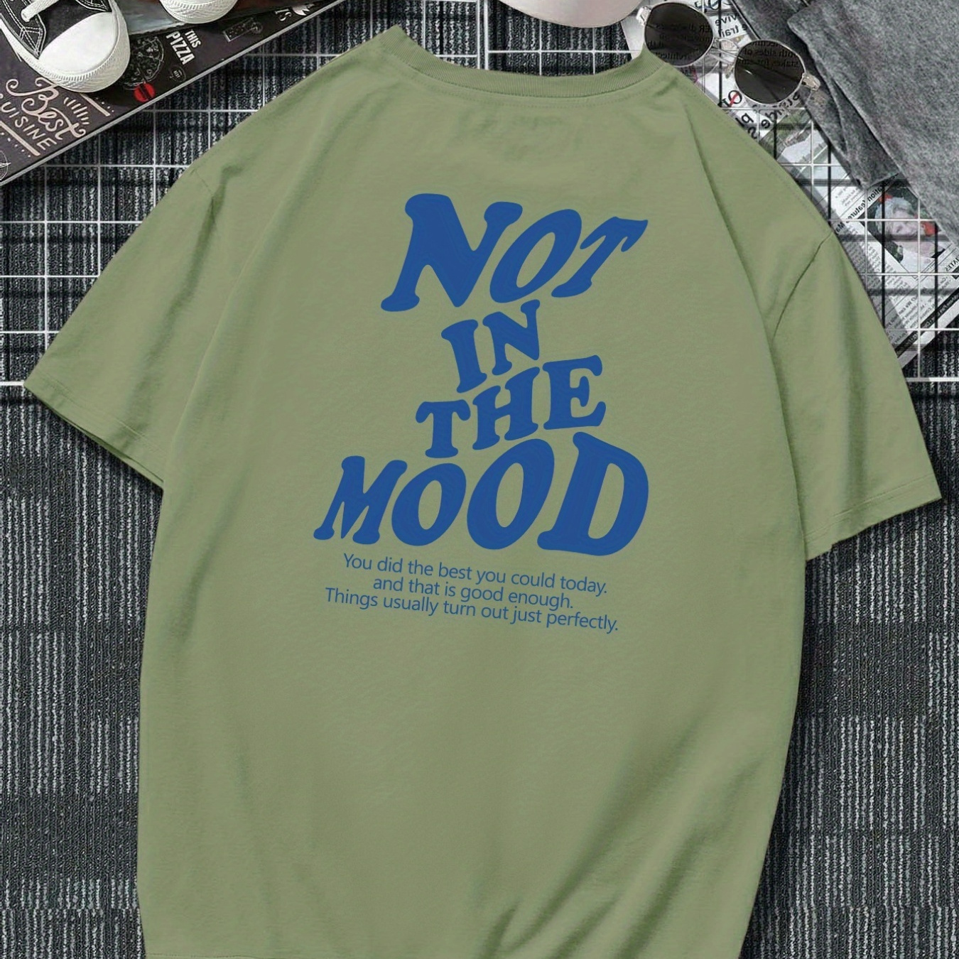 

not In The Mood", Men's Casual Slightly Stretch Crew Neck Graphic Tee, Male Clothes For Summer