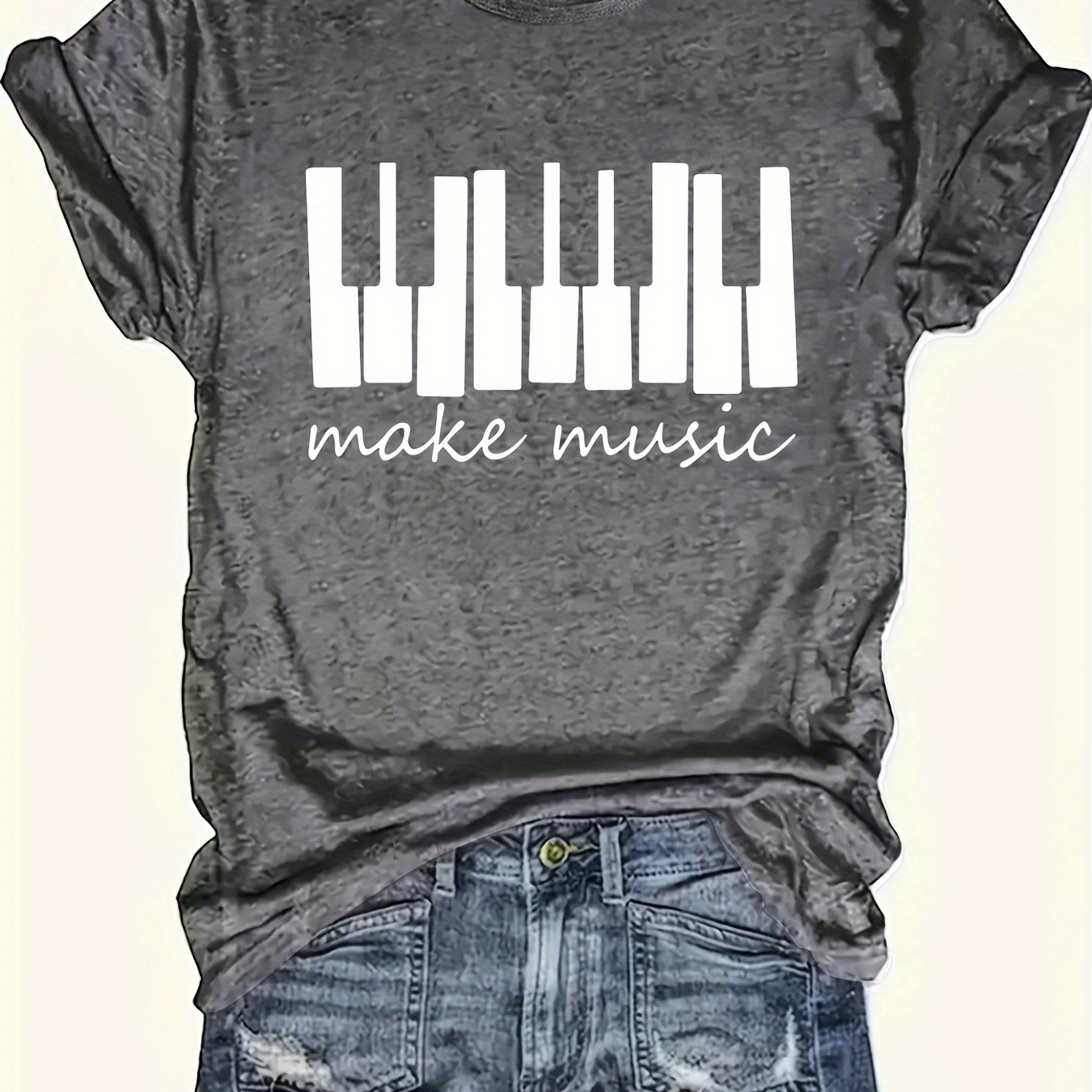 

Women's Casual Short Sleeve T-shirt With Piano Keys "make Music" Print, Round Neck, Summer Sports Versatile Top