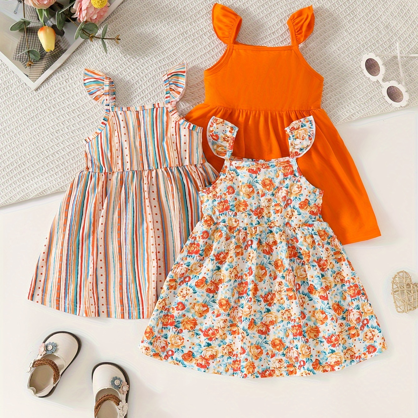 

3 robes décontractées à manches courtes et col carré pour bébé, robe à rayures verticales et à motifs floraux de couleur unie, vêtements pour bébés et tout-petits pour l'été/le printemps, comme cadeau