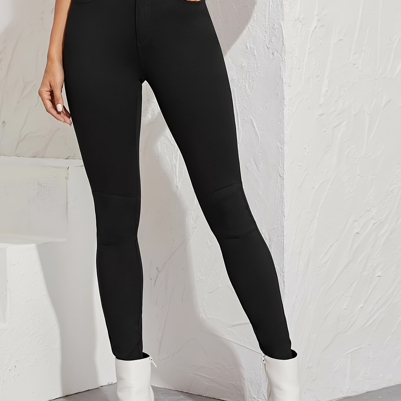 

Women's High-waisted Skinny Jeans - Viscose , Stretch, Solid Color, Button Detail, Elegant Woven Pants For Fall/winter