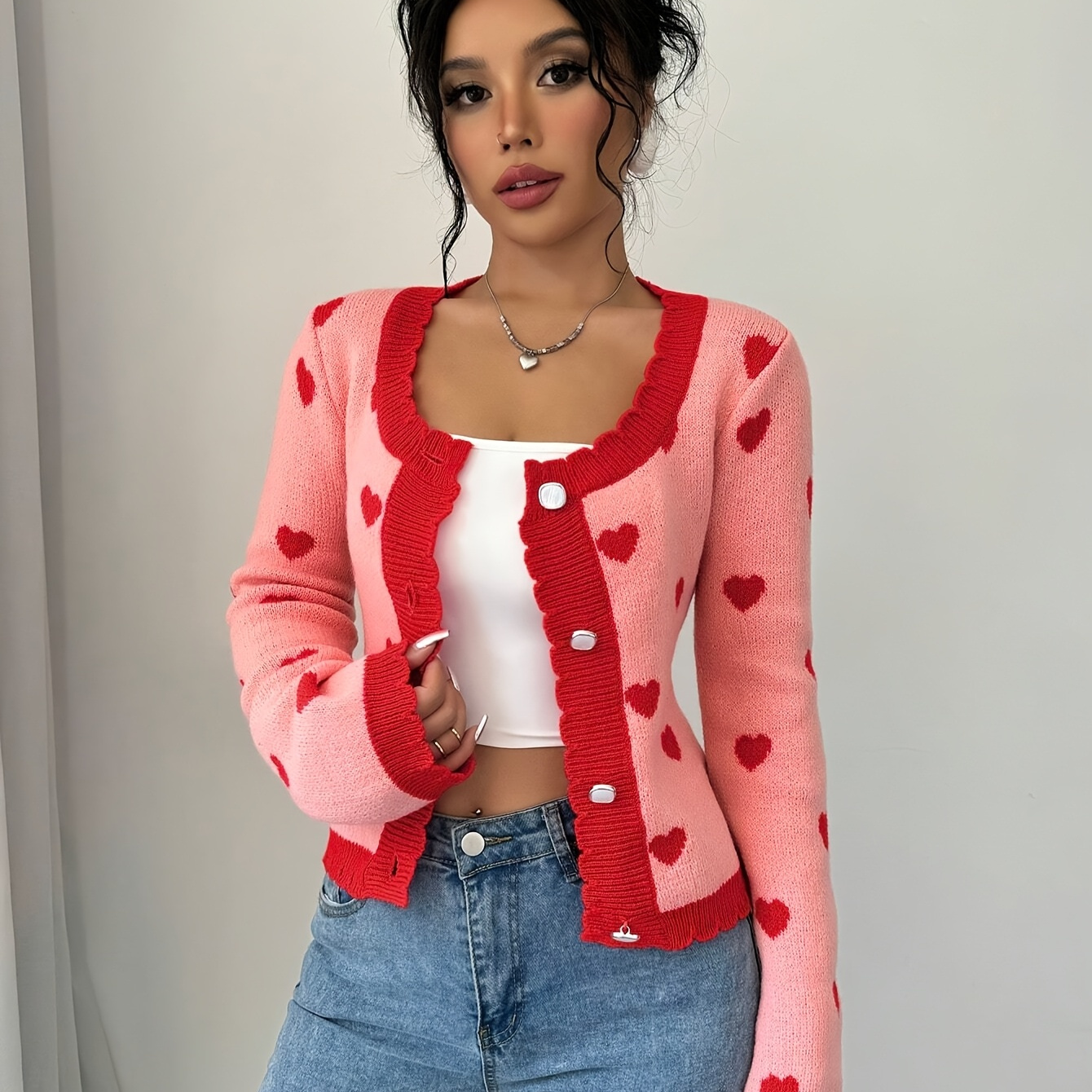 

Cardigan Élégant à Boutons avec Motif Cœur Rouge & Rose pour Femme - Acrylique , Manches Longues, Lavable en Machine, Pull Toutes pour la Saint-Valentin