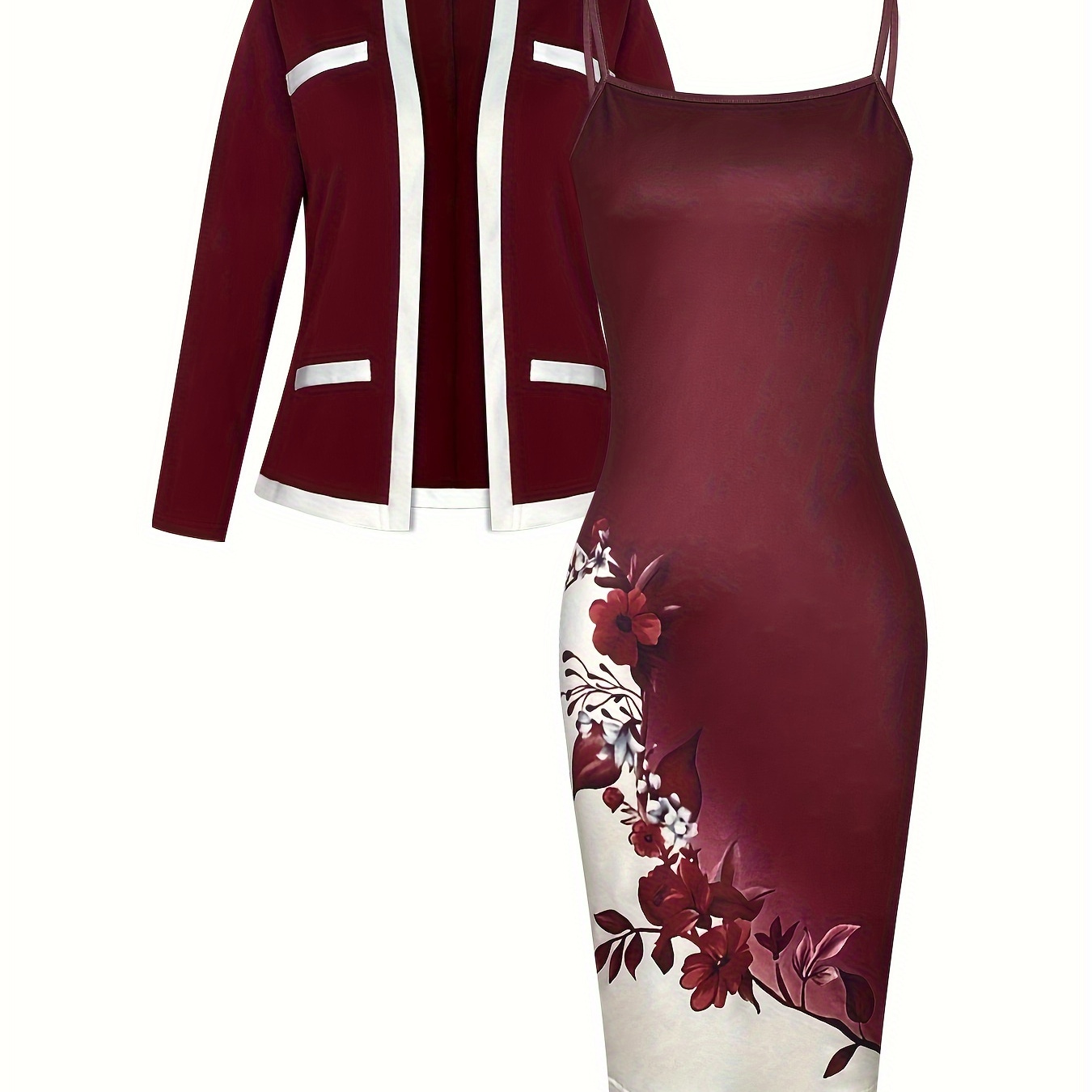 

Women's Elegant Two-piece Set: Burgundy Long Sleeve Cardigan & Floral Print Suspender Dress - Stretchy Polyester , Machine Washable