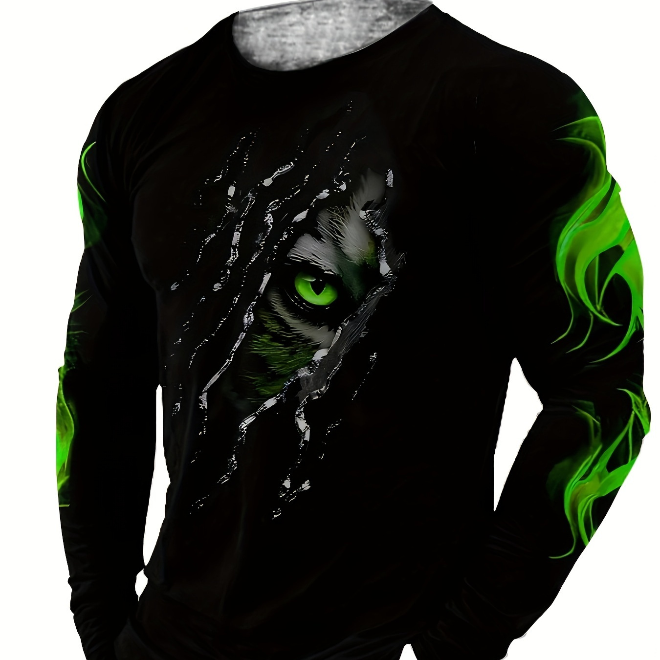 

Men's Casual Long Sleeve Crew Neck T-shirt With Green Eye And Flame Design, Slim Fit Polyester Knit With Slight Stretch, Animal Pattern Graphic Tee