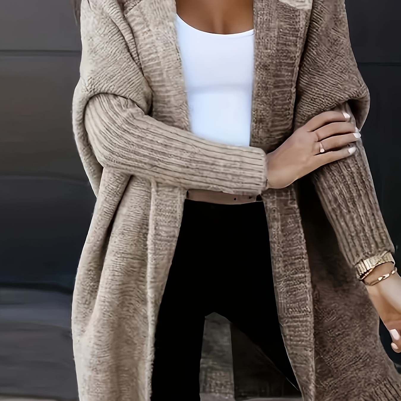 

Women's Plus Size Knit Cardigan - Casual Open Front, Long Sleeve, Ribbed Detail, Cozy Polyester - Ideal For Fall/winter, Plus Size Cardigan