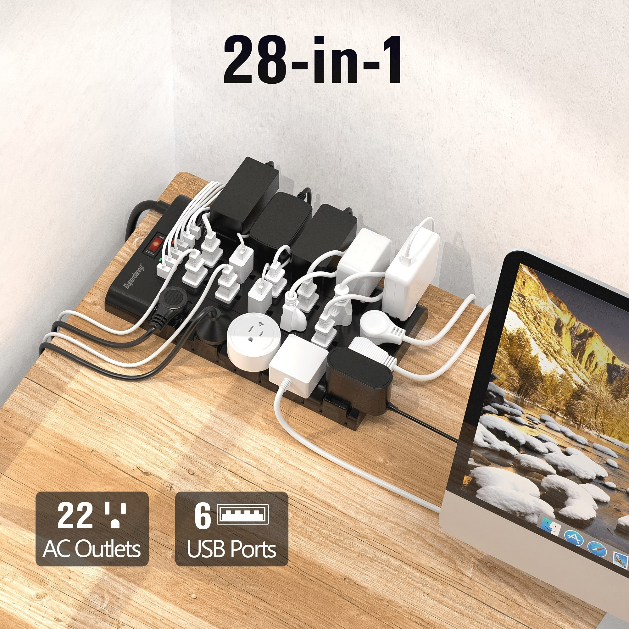 Extension Cord 10 Ft, SUPERDANNY Good Quality And Durable Massive Expassion Power Strip Surge Protector With 6 USB Charging Ports And 22 AC Outlets, 1875W/15A, 2100 Joules, Flat Plug Power Outlet For Home, Office, Dorm, Gaming Room, Black