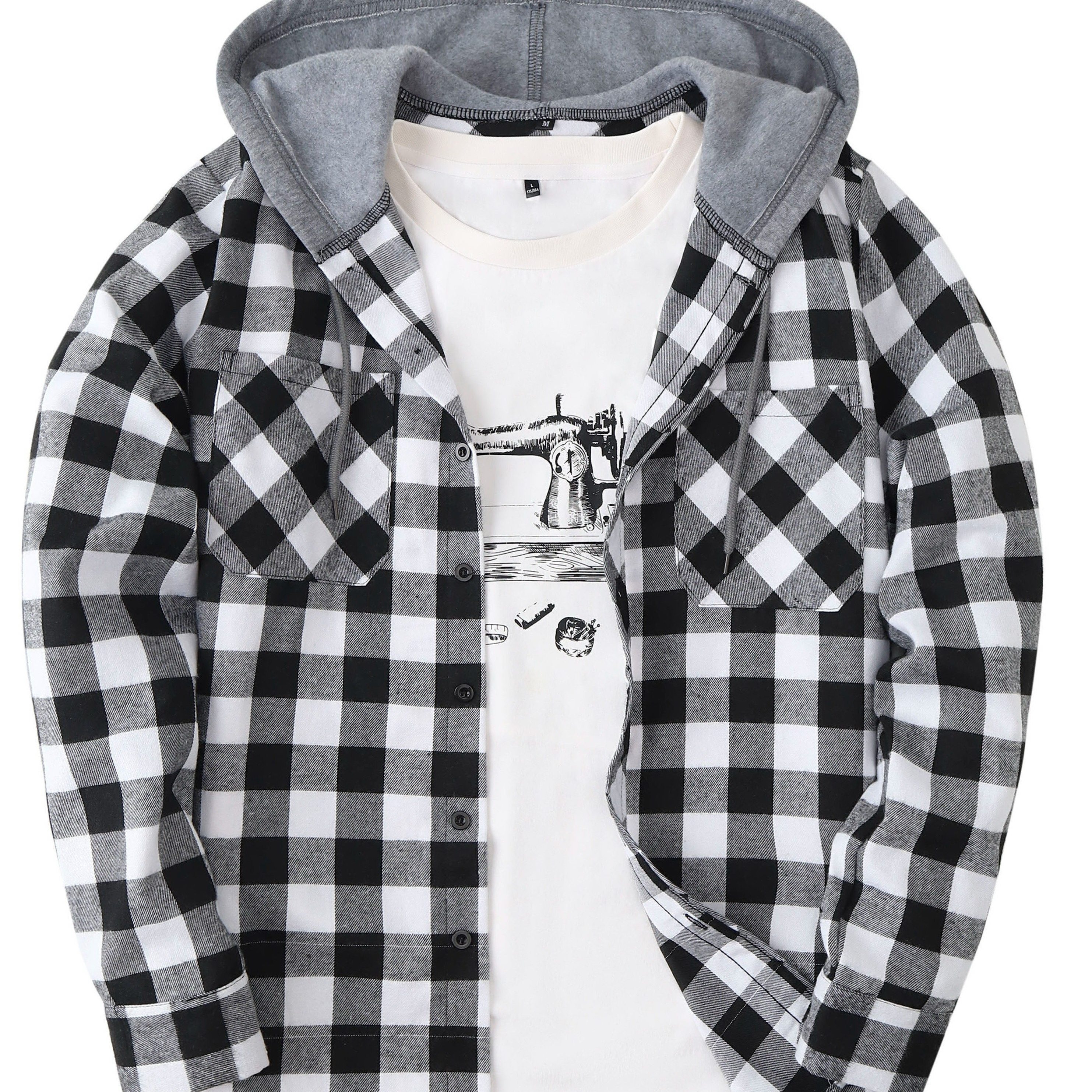 

Men's Hooded Plaid Pattern Long Sleeve And Button Up Sweatshirt Jacket With Flap Pockets, Chic And Trendy Hoodie Jacket For Outdoors Wear