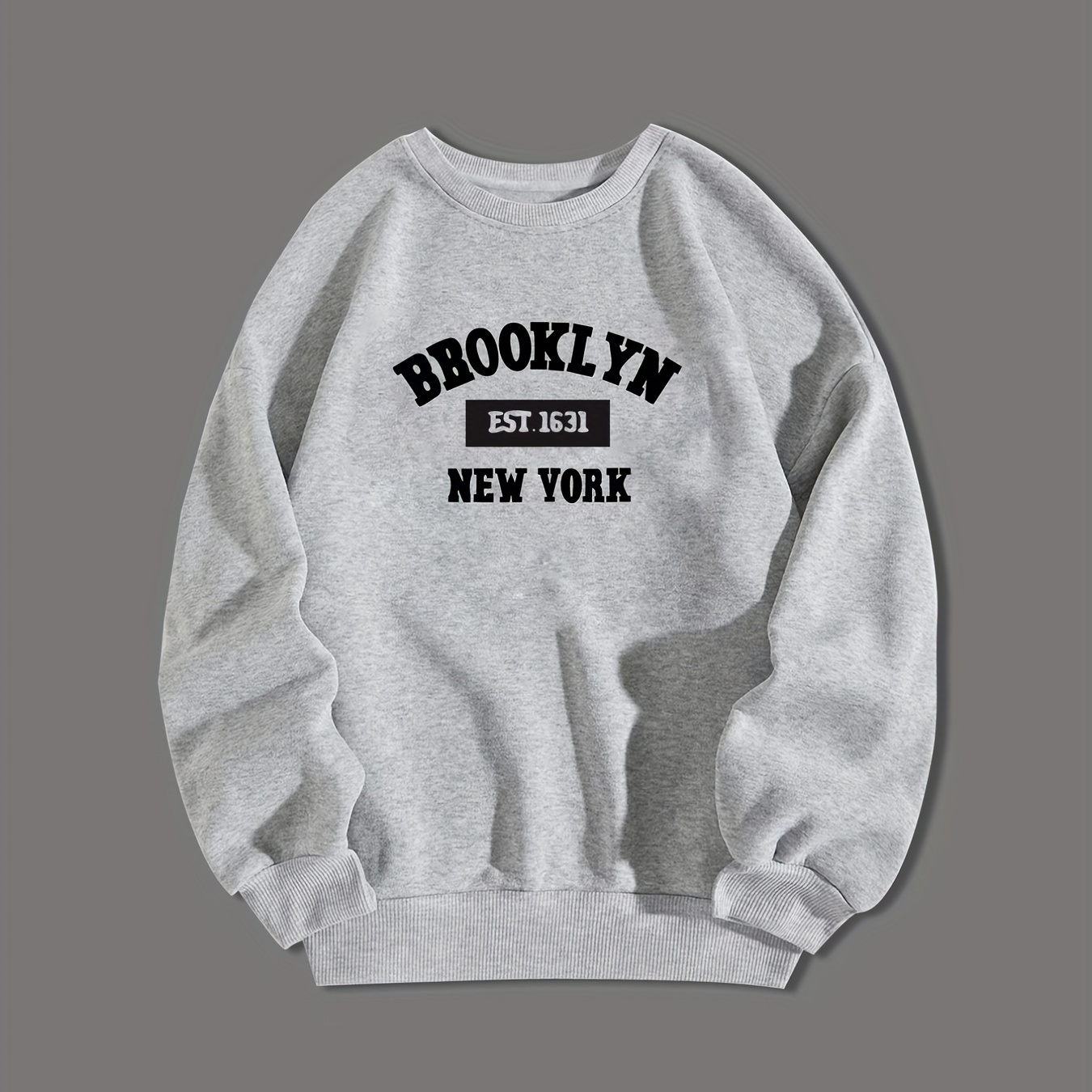 

Brooklyn New York Print Sweatshirt, Men's Casual Graphic Design Slightly Stretch Crew Neck Pullover Sweatshirt For Spring Fall