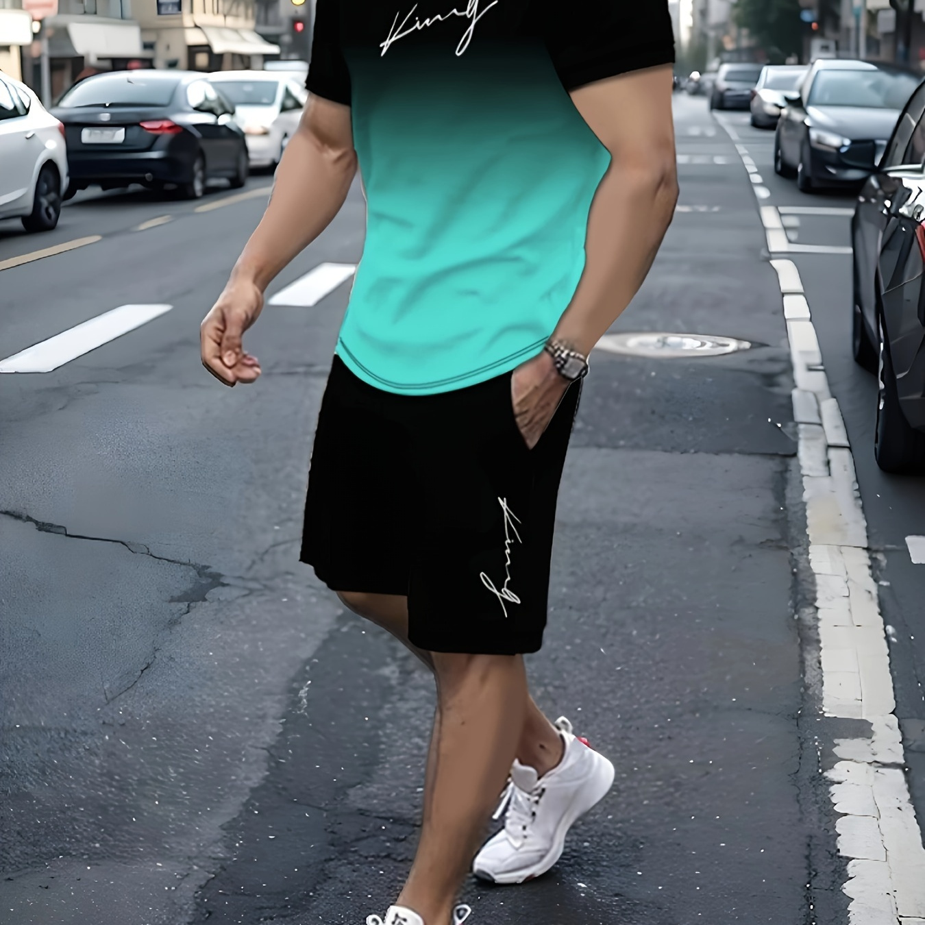 

Men's Outfit, Gradient Graphic Print Casual Crew Neck Short Sleeve T-shirt & Shorts 2-piece Set For Summer Outdoor Activities